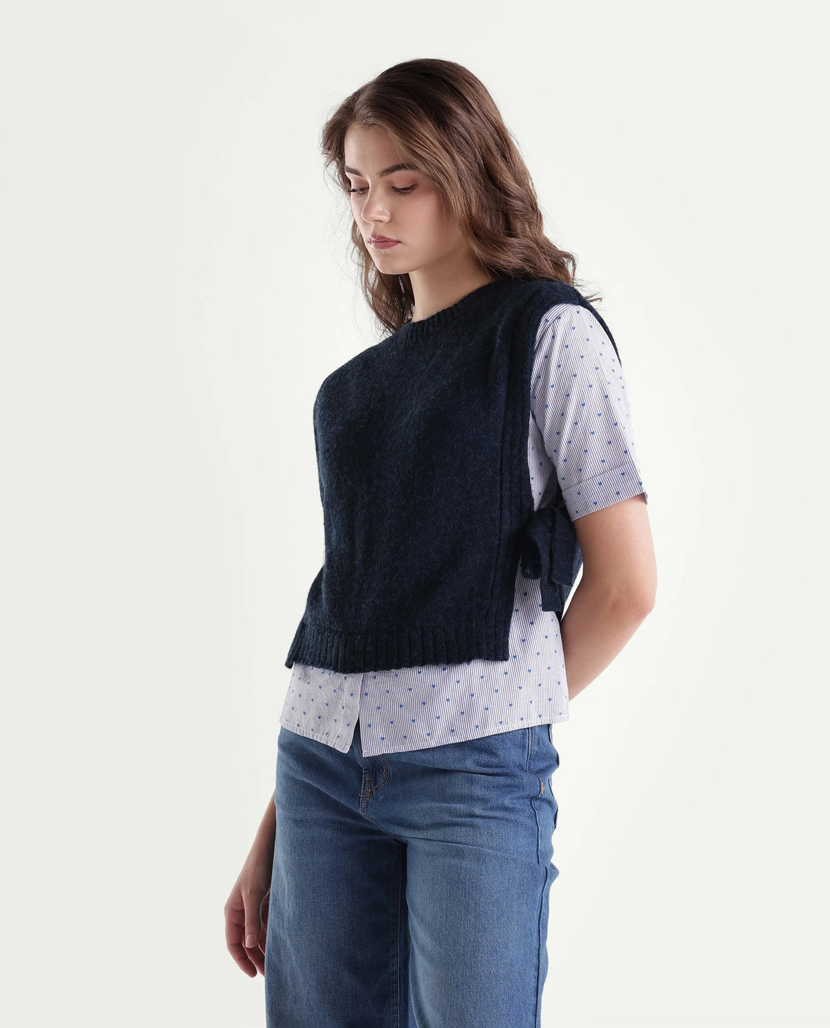 Rareism Women's Liro Primary Navy Acrylic Blend Crew Neck Regular Striped Top