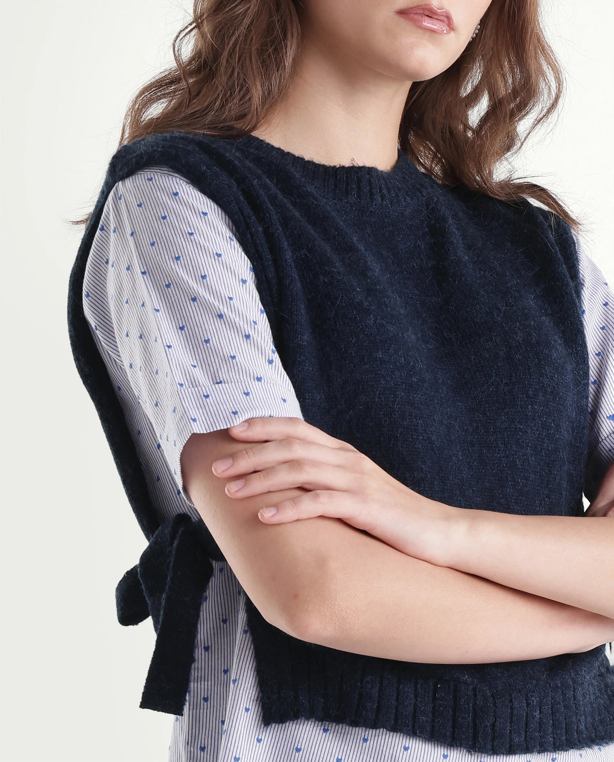 Rareism Women's Liro Primary Navy Acrylic Blend Crew Neck Regular Striped Top