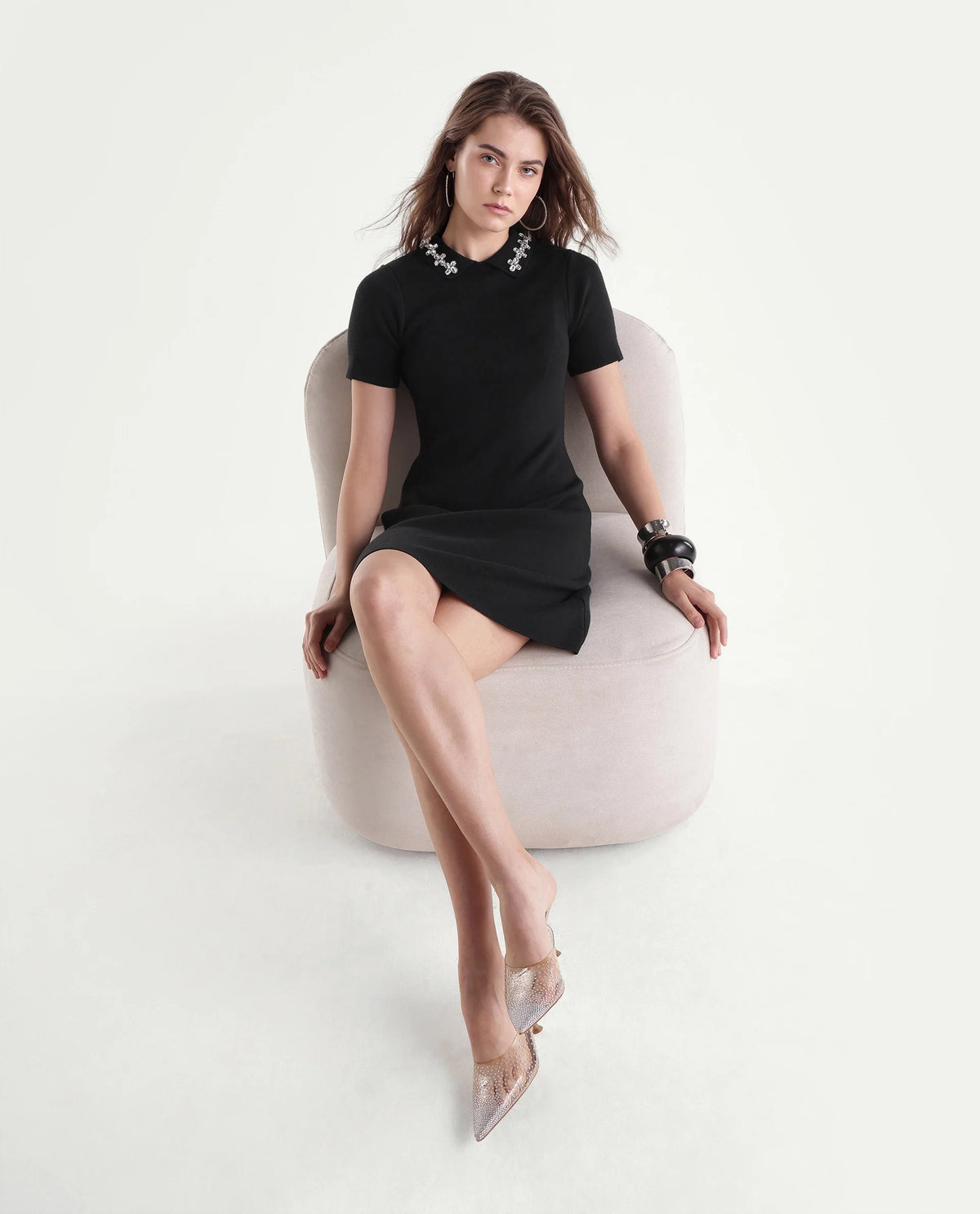 Rareism Women's Less Primary Black Viscose Blend Spread Collar Fitted Plain Dress