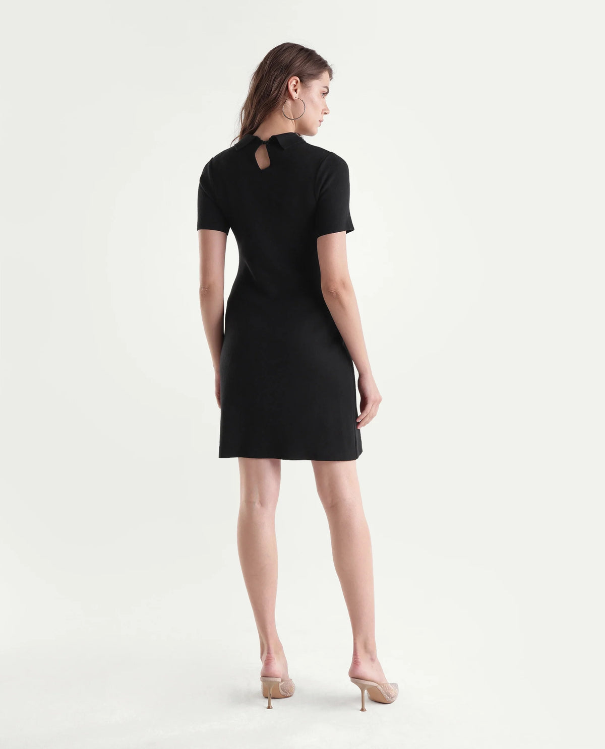Rareism Women's Less Primary Black Viscose Blend Spread Collar Fitted Plain Dress