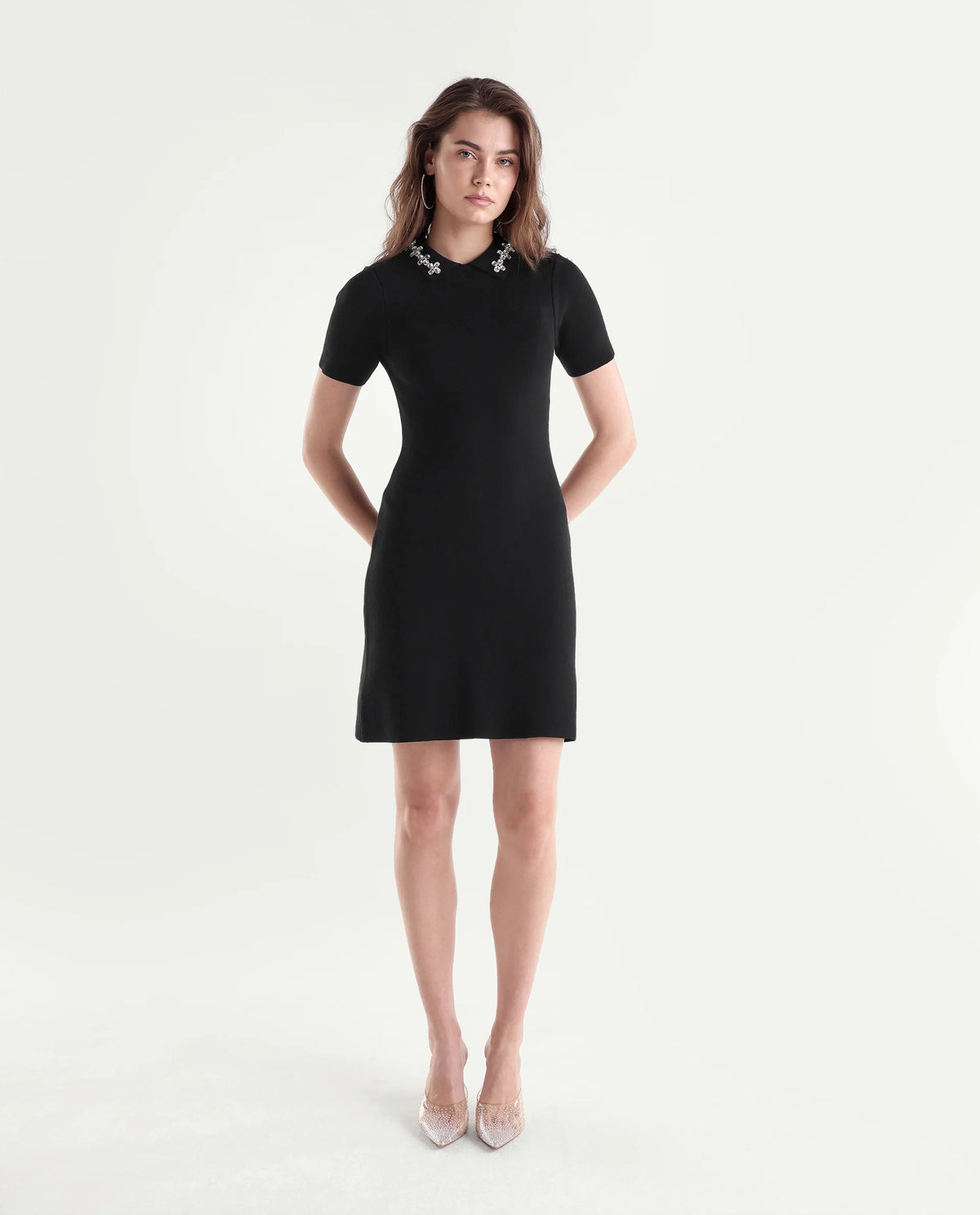 Rareism Women's Less Primary Black Viscose Blend Spread Collar Fitted Plain Dress