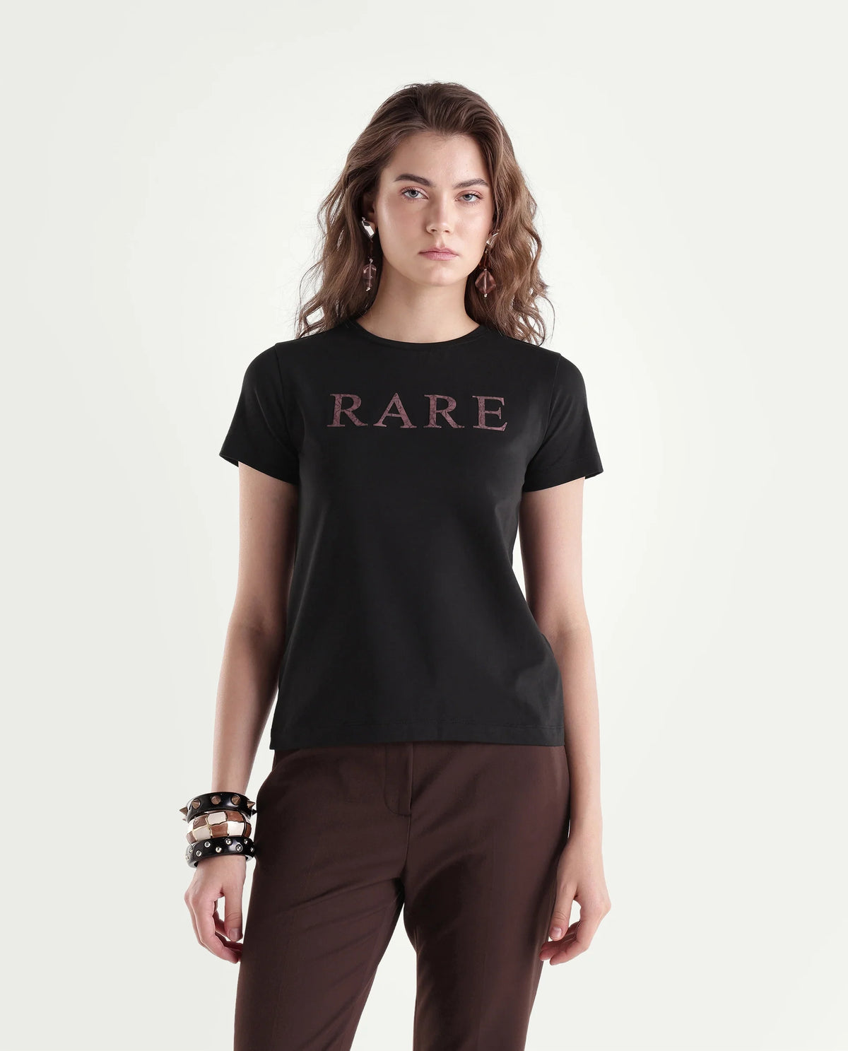 Rareism Women's Pemo Primary Black Cotton Blend Crew Neck Regular Typography Print T-Shirt