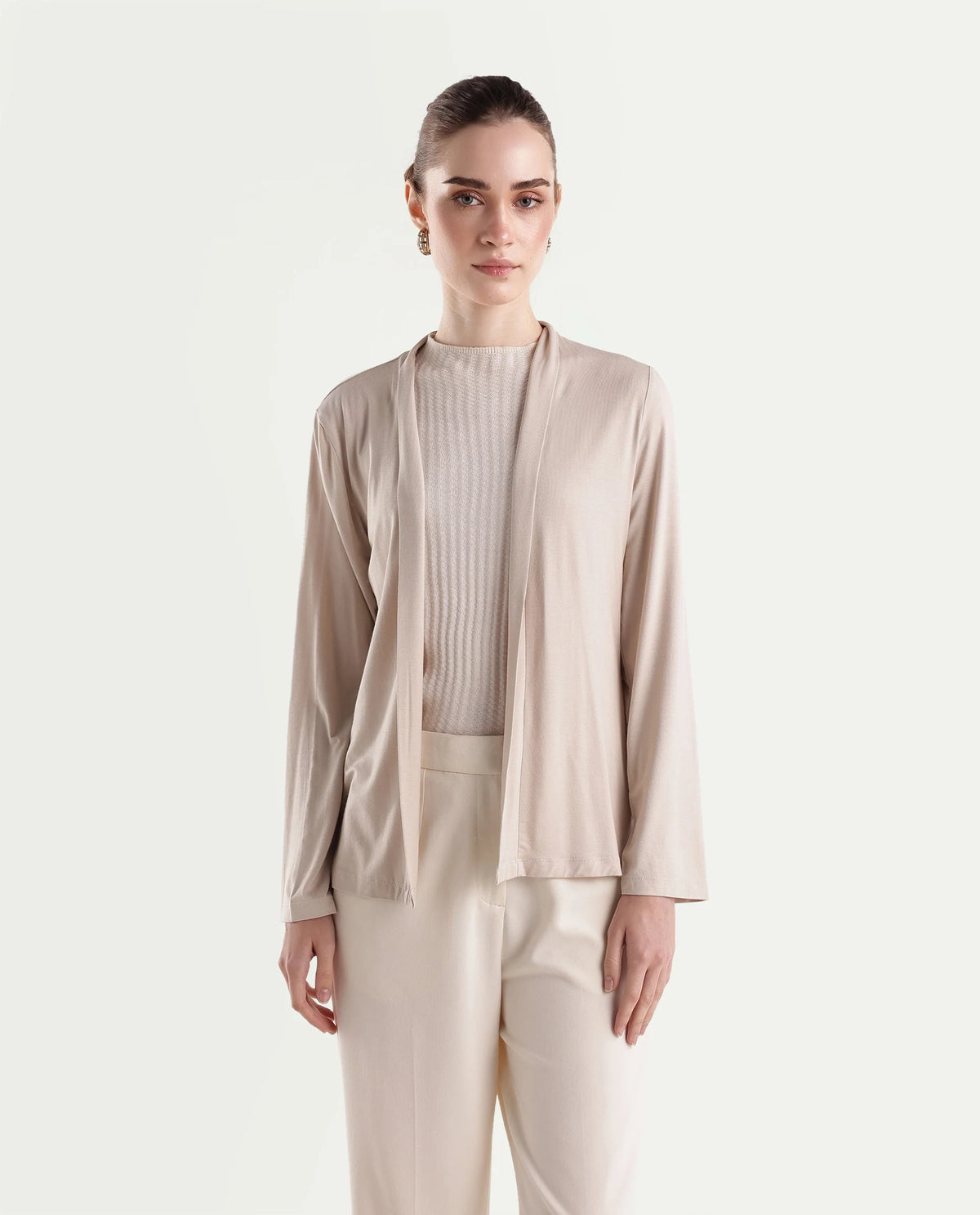 Rareism Women's Pommy Beige Modal Blend Collarless Regular Fit Plain Shrug - image 6