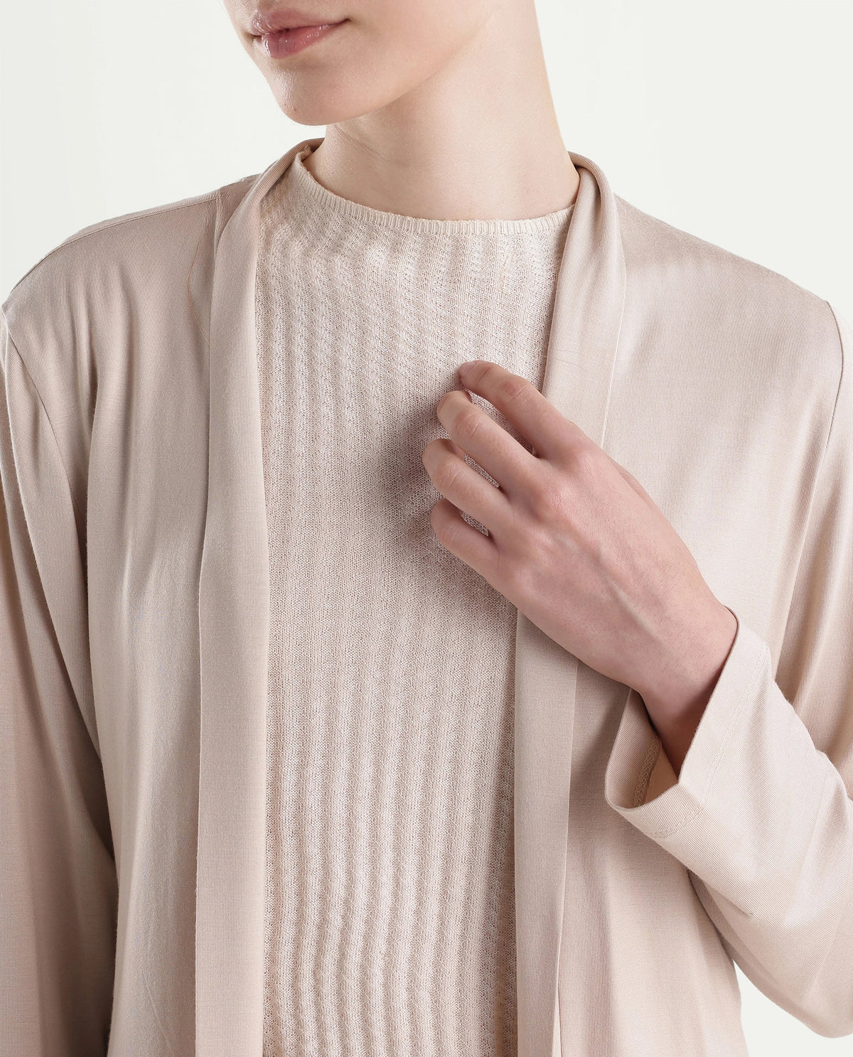 Rareism Women's Pommy Beige Modal Blend Collarless Regular Fit Plain Shrug - image 3