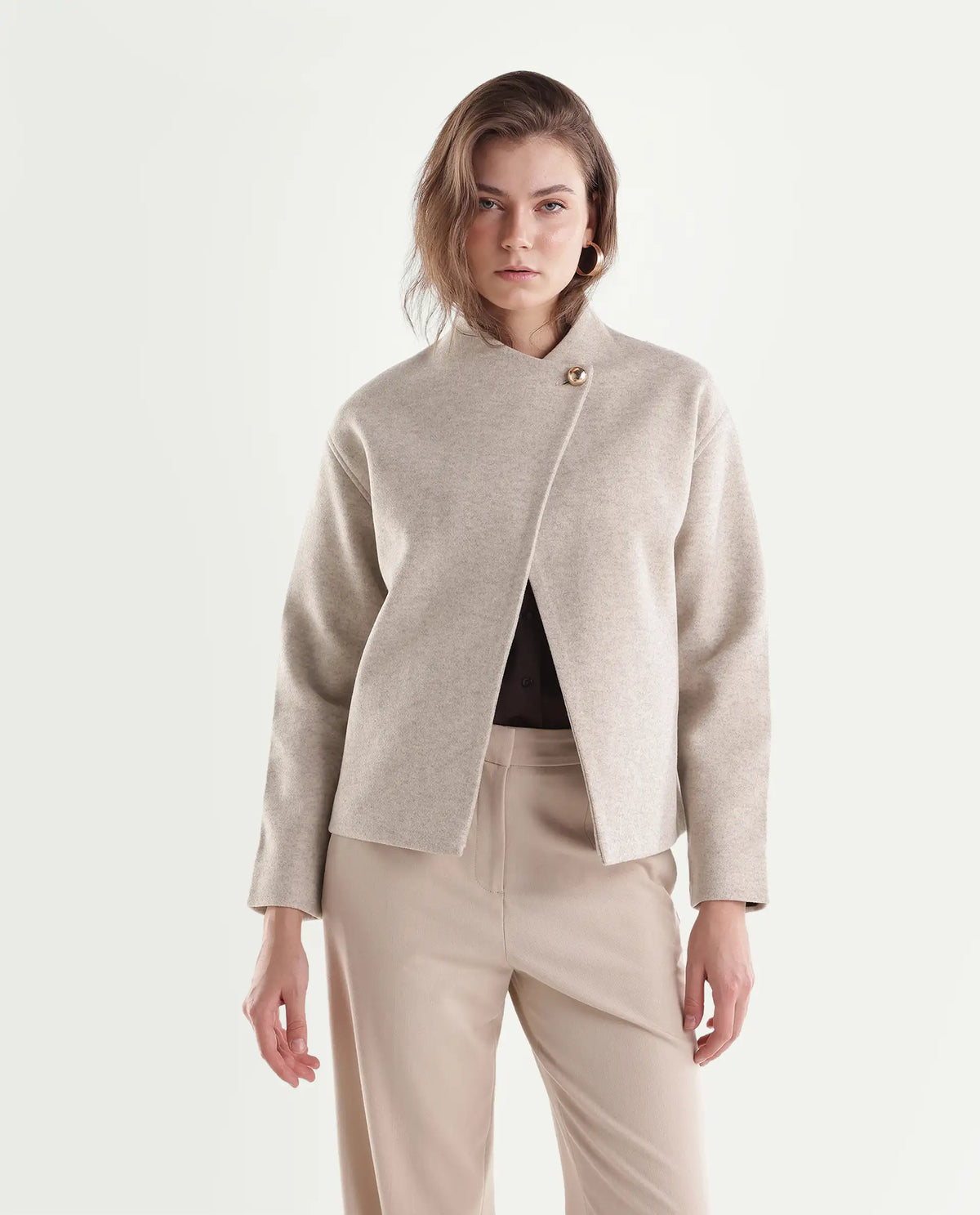 Rareism Women's Kyntra Beige Polyester Blend Over Lap Button Regular Plain Jacket