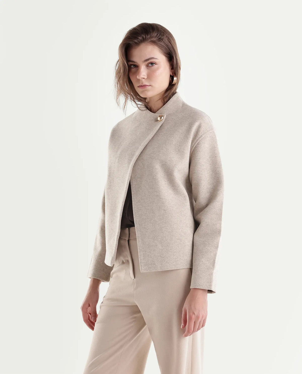 Rareism Women's Kyntra Beige Polyester Blend Over Lap Button Regular Plain Jacket
