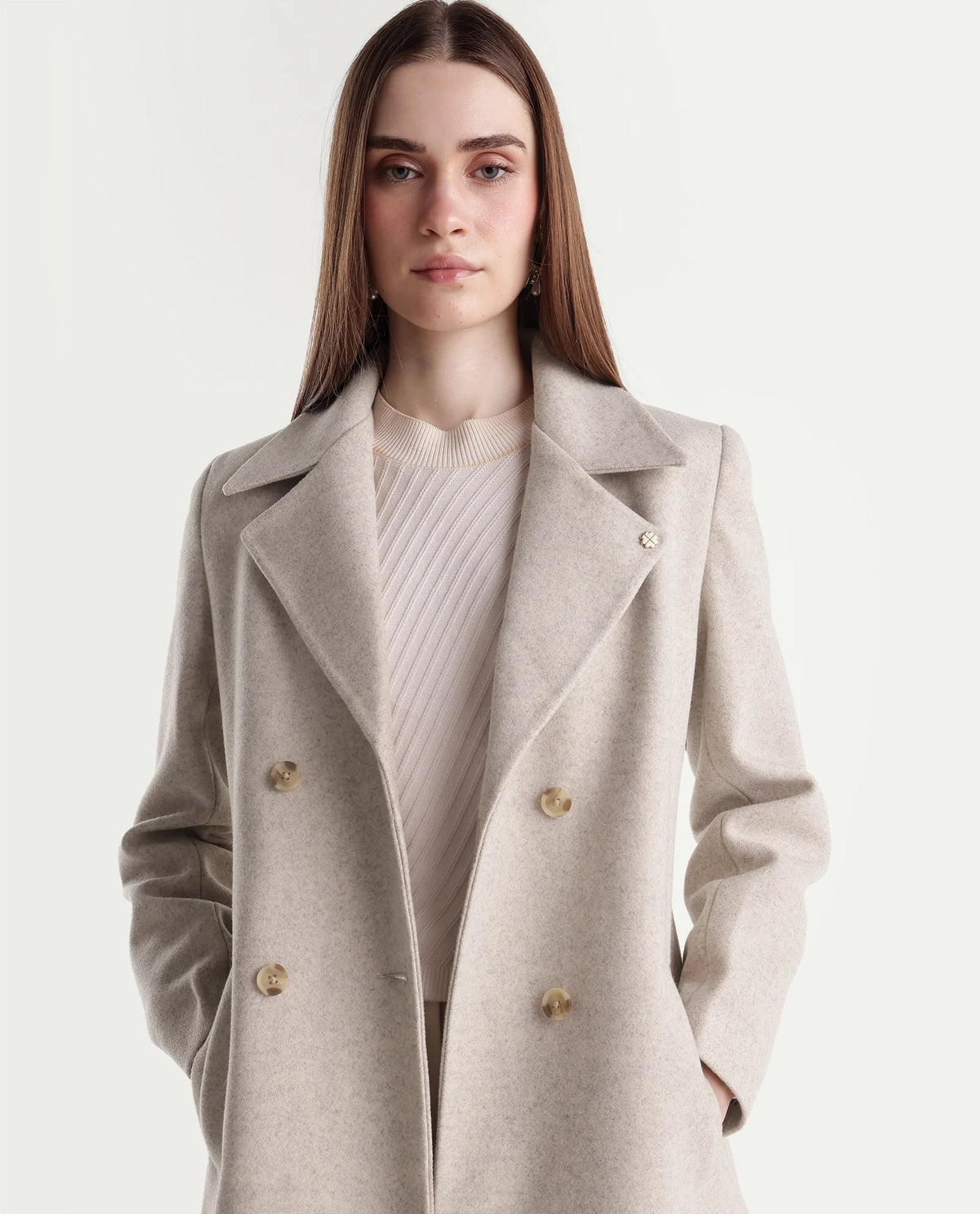 Rareism Women's Kerest Beige Polyester Blend Lapel Neck Regular Plain Coat - image 3