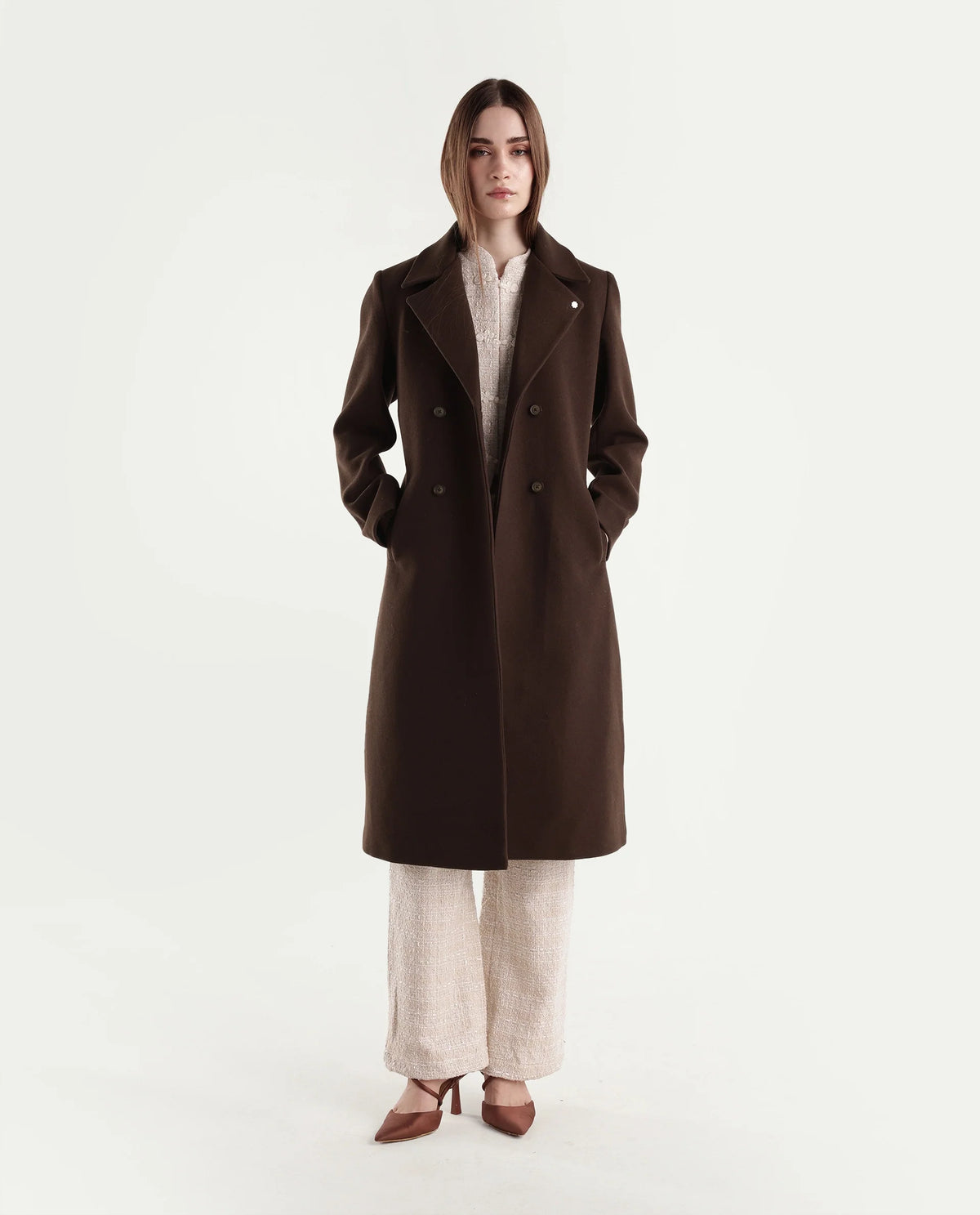 Rareism Women's Kerest Brown Polyester Blend Lapel Neck Button Regular Plain Coat - image 2