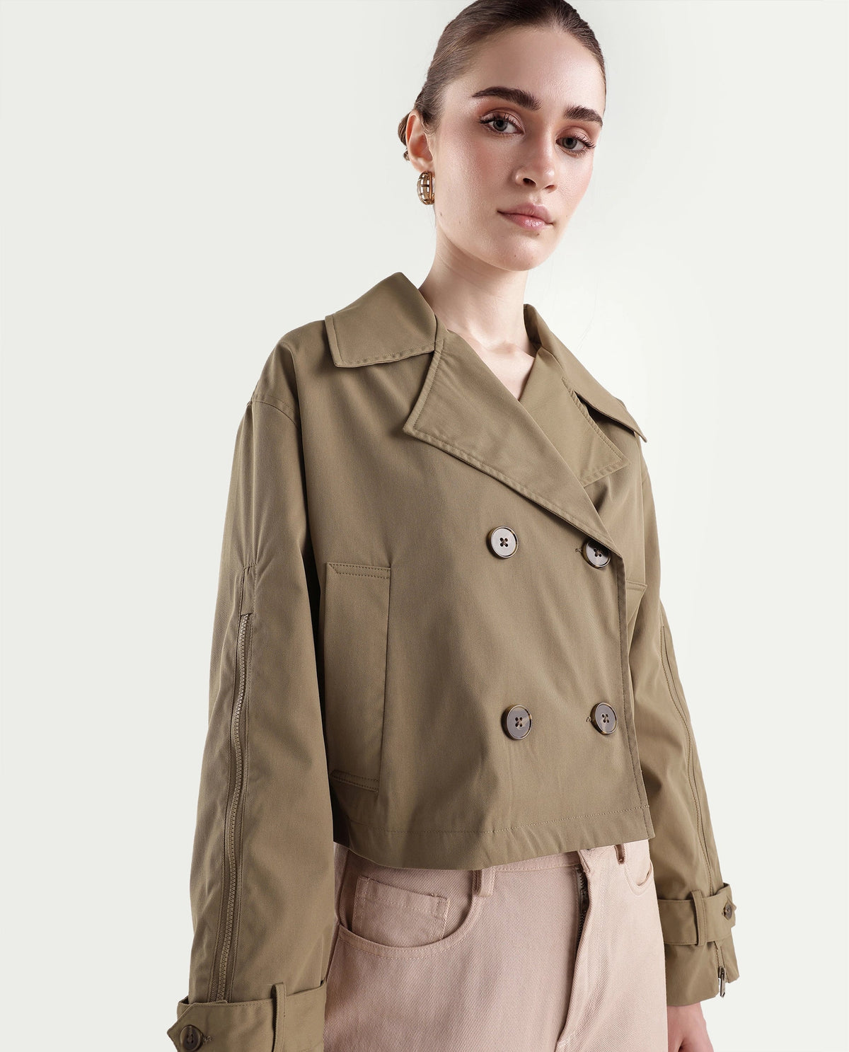 Rareism Women's Kim Beige Polyester Lapel Relaxed Solid Jacket - image 3