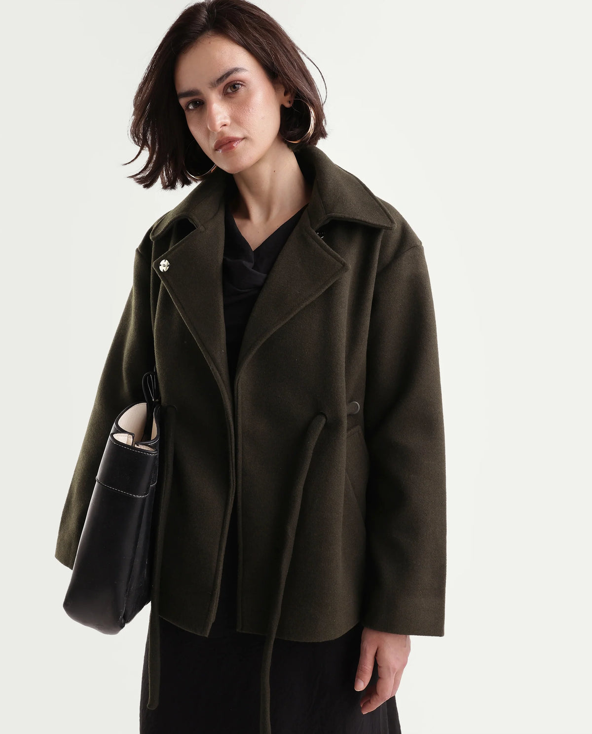 Rareism Women's Nittizaw26 Olive Polyester Blend Lapel Neck Snap Button Regular Plain Jacket - image 1