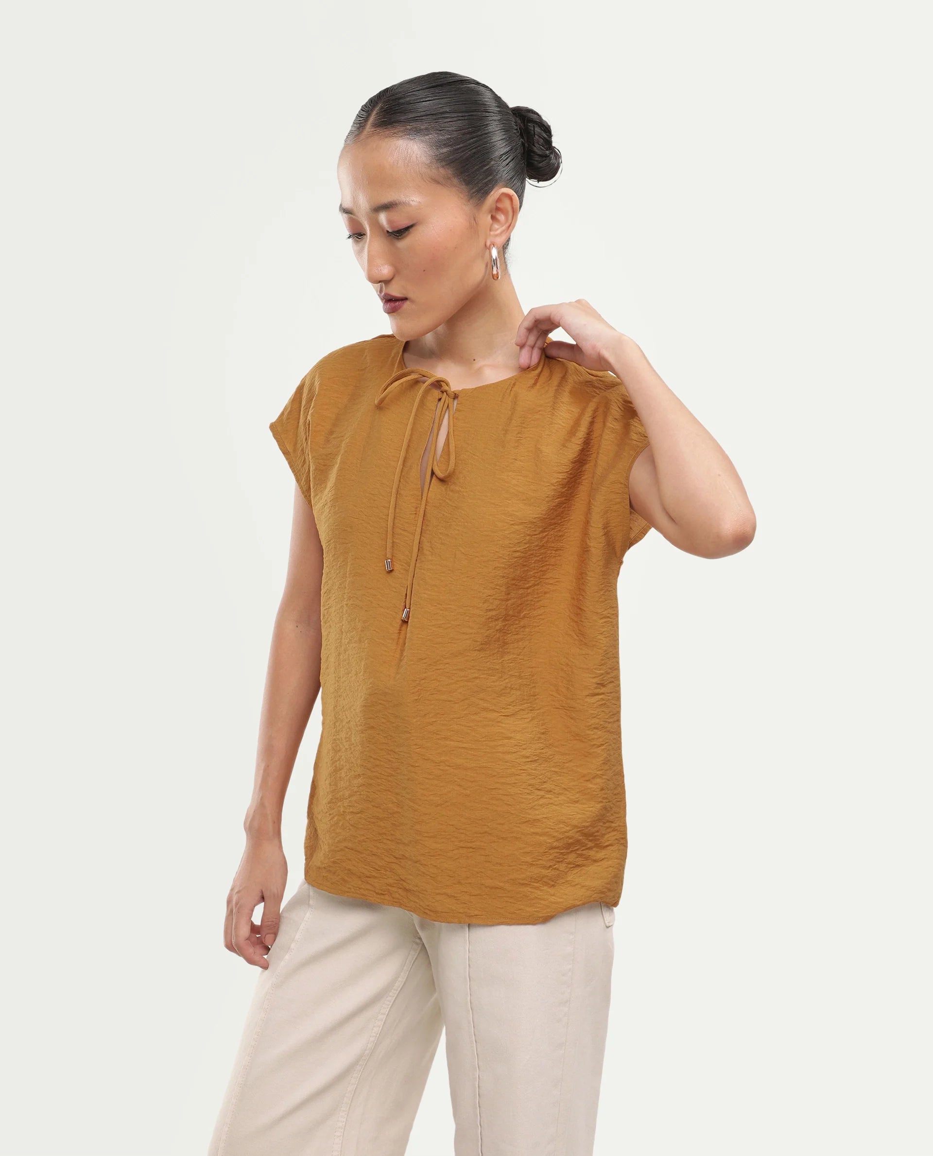 Rareism Women's Siba Mustard Viscose Blend Tie-Up Tie-Up Relaxed Plain Top