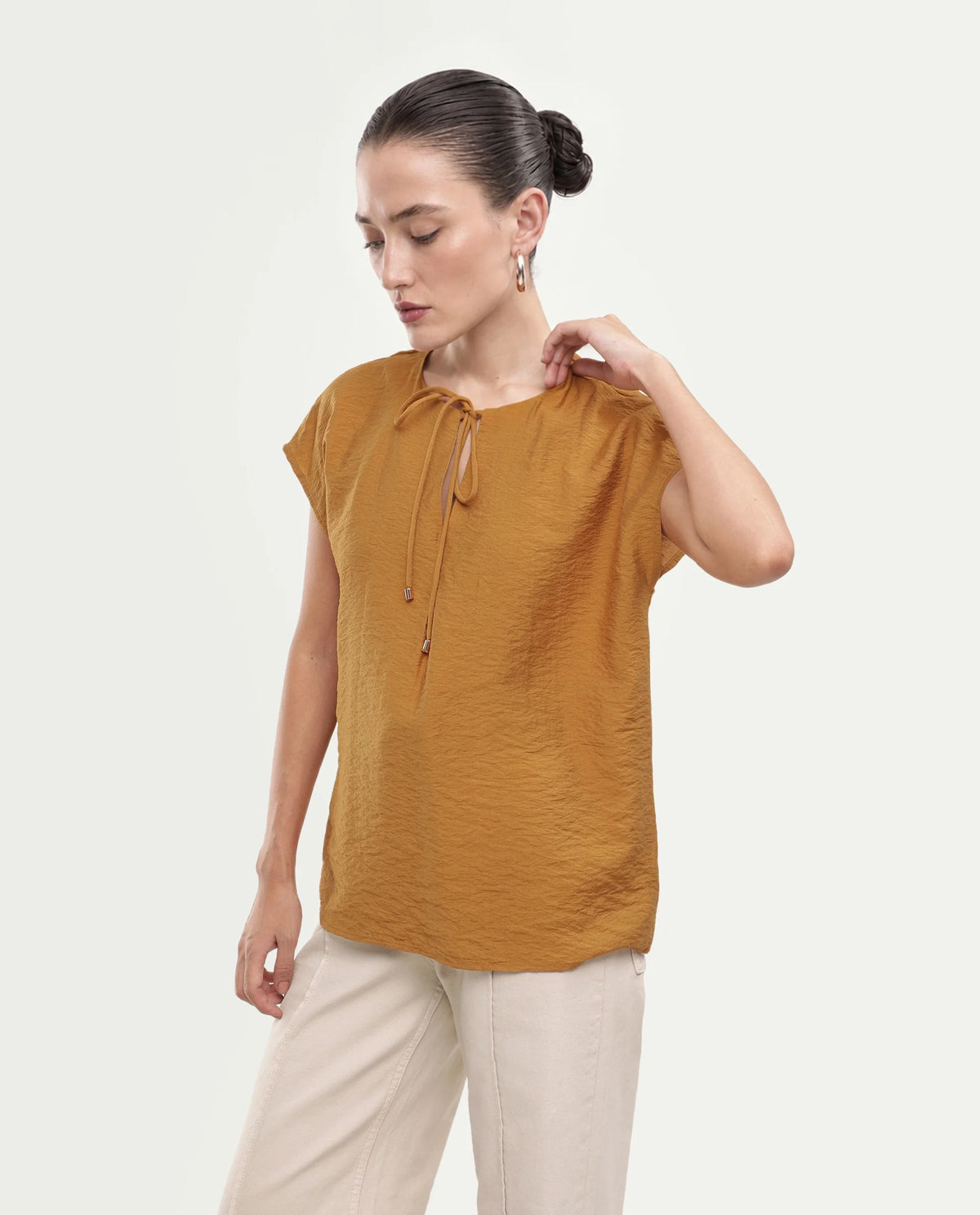Rareism Women's Siba Mustard Viscose Blend Tie-Up Tie-Up Relaxed Plain Top