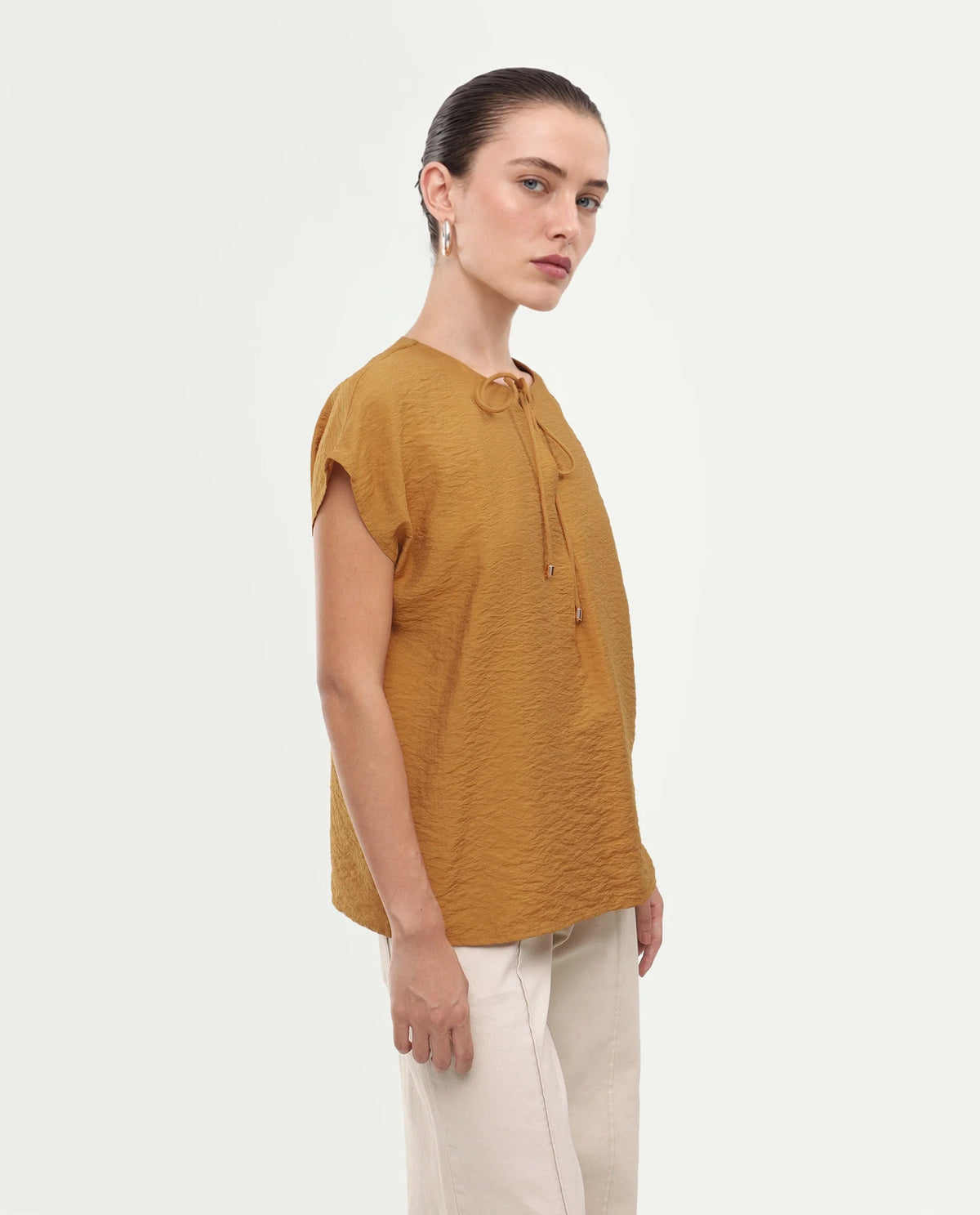 Rareism Women's Siba Mustard Viscose Blend Tie-Up Tie-Up Relaxed Plain Top