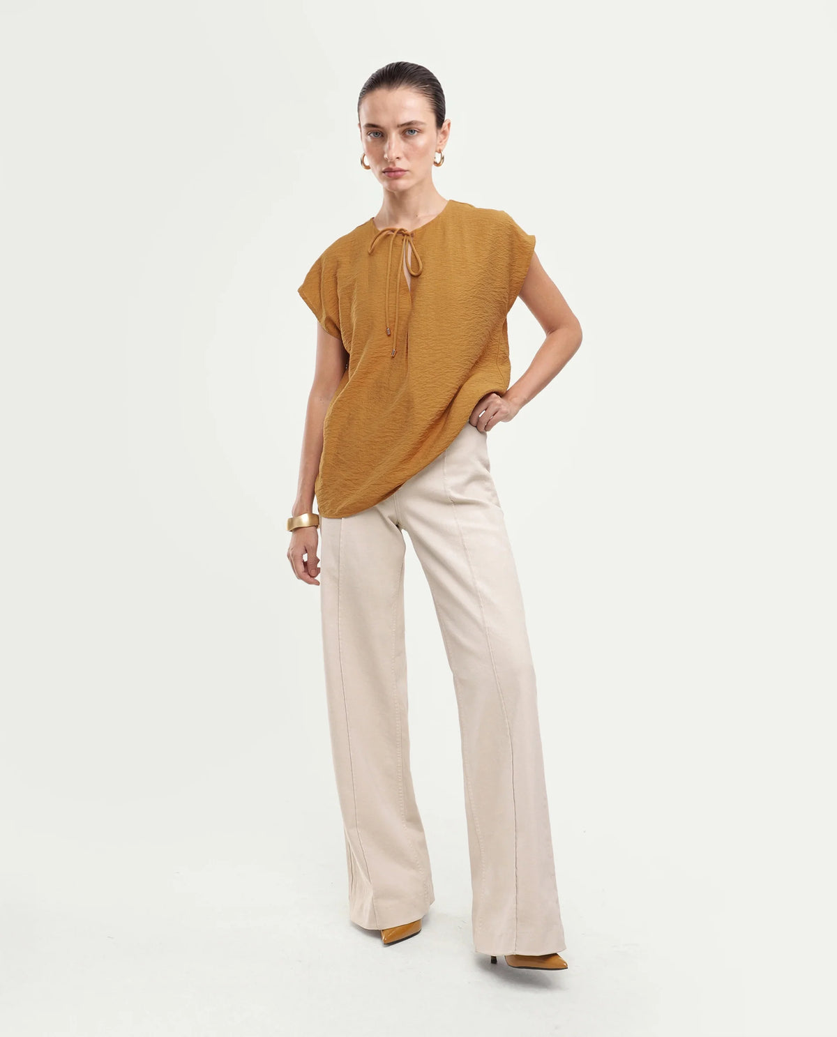 Rareism Women's Siba Mustard Viscose Blend Tie-Up Tie-Up Relaxed Plain Top
