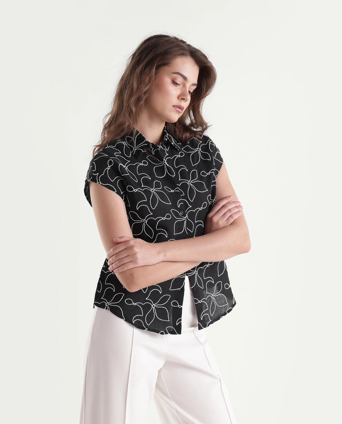 Rareism Women's Selsh Black Viscose Blend Spread Collar Button Regular Embroidered Shirt