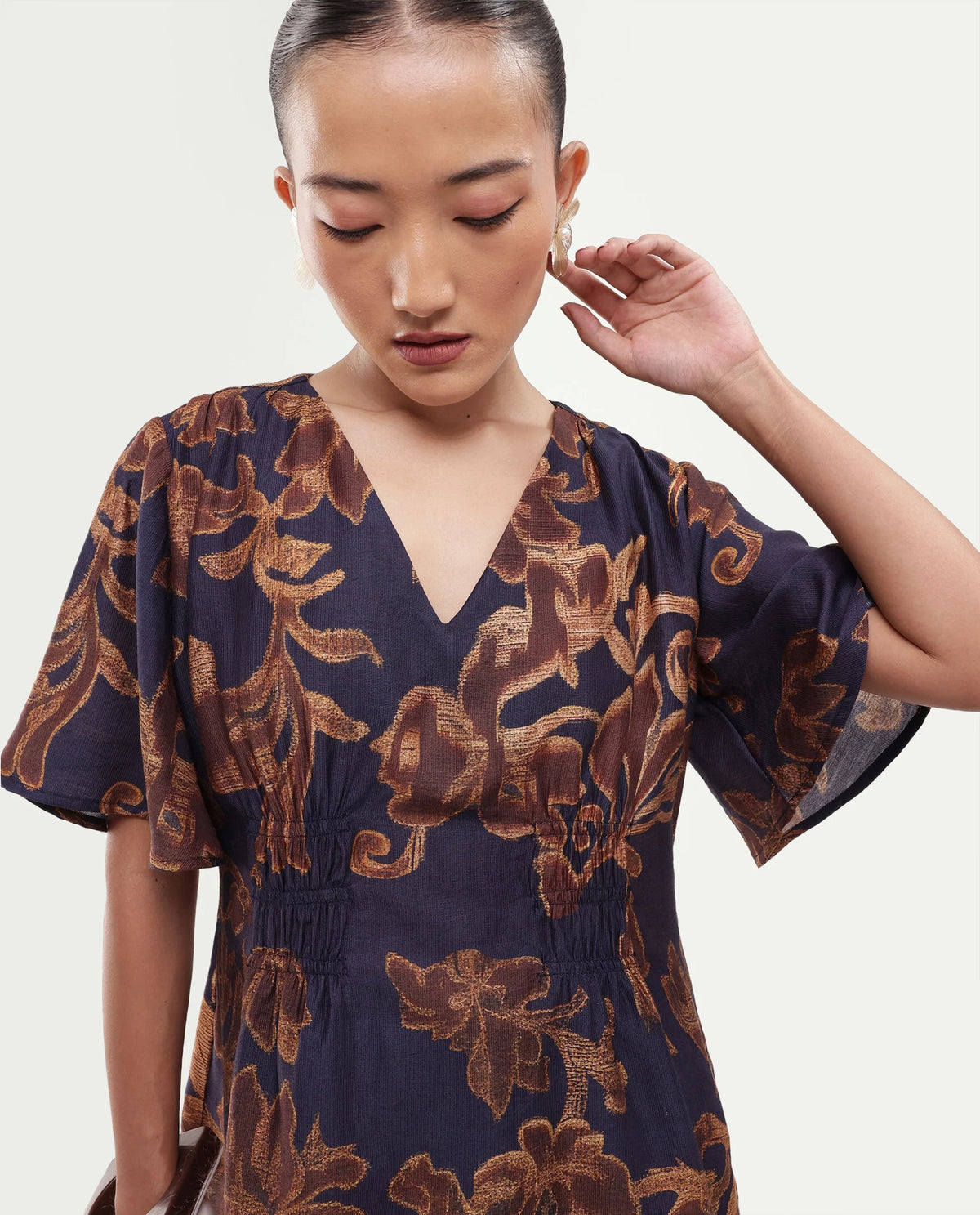 Rareism Women's Daco Brown Viscose Blend V-Neck Pull-On Regular Floral Print Top