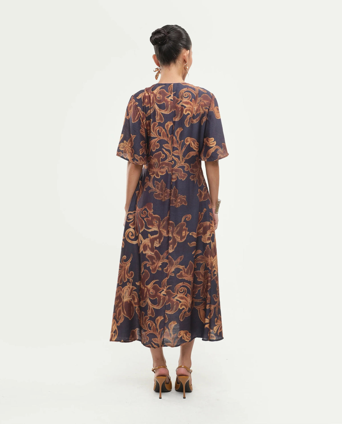 Rareism Women's Dacro Brown Viscose Blend V-Neck Pull-On Fit And Flare Floral Print Dress