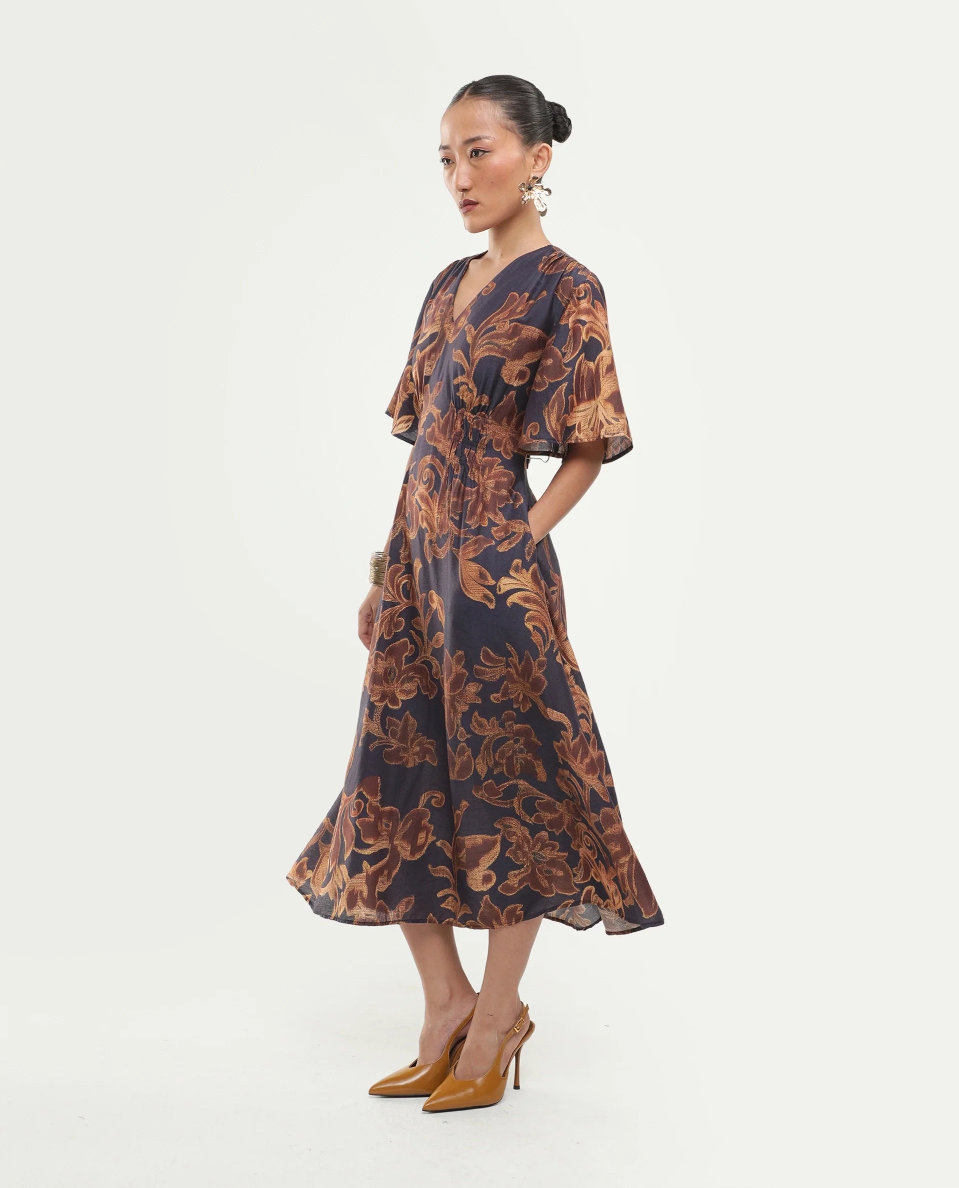 Rareism Women's Dacro Brown Viscose Blend V-Neck Pull-On Fit And Flare Floral Print Dress