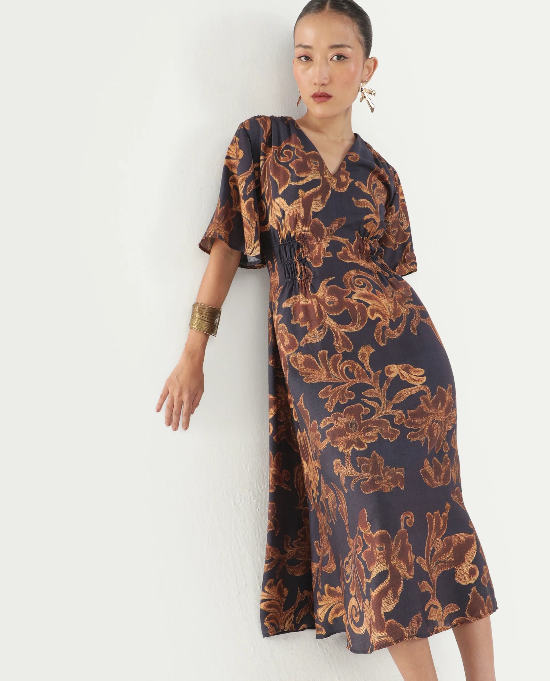 Rareism Women's Dacro Brown Viscose Blend V-Neck Pull-On Fit And Flare Floral Print Dress
