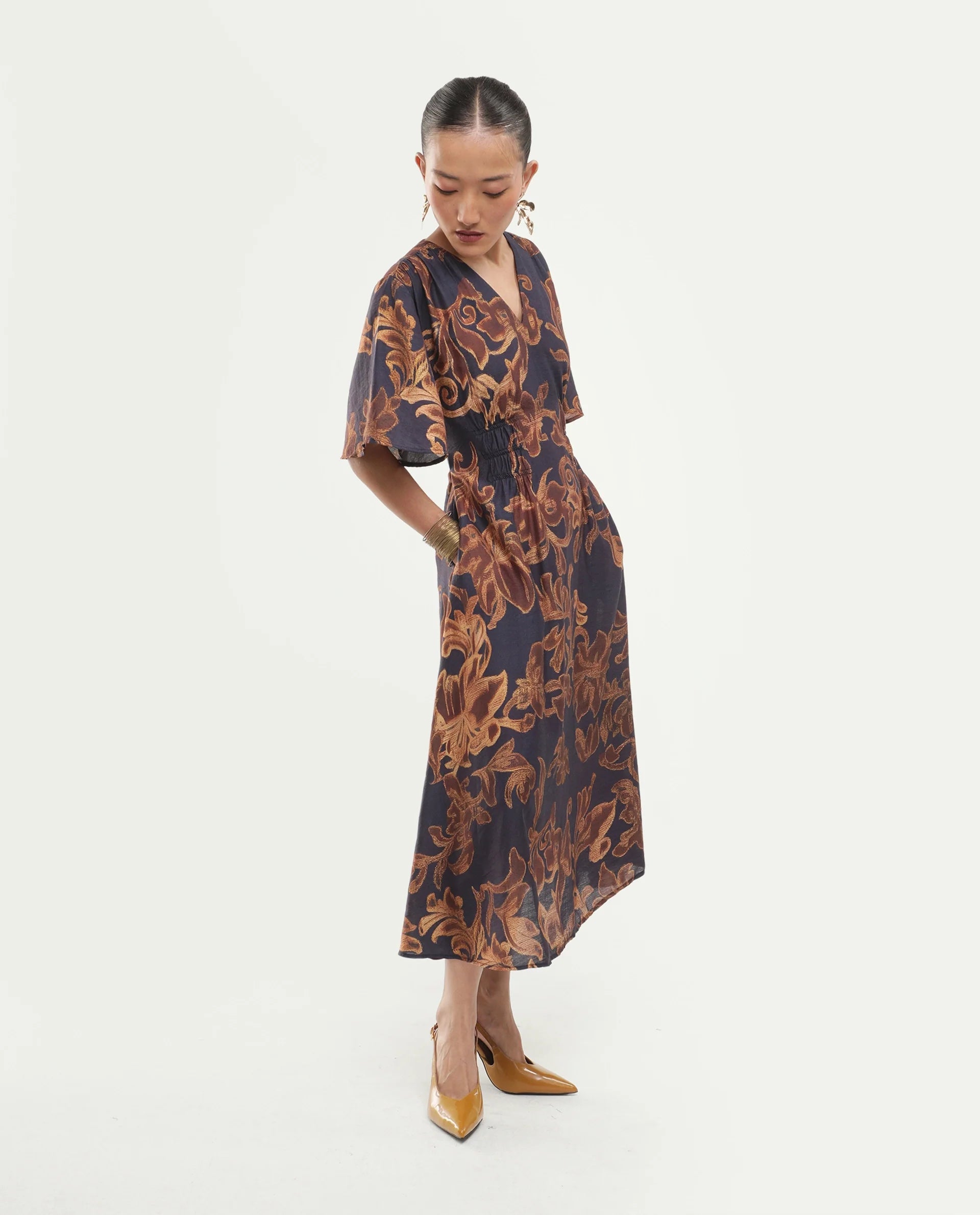 Rareism Women's Dacro Brown Viscose Blend V-Neck Pull-On Fit And Flare Floral Print Dress