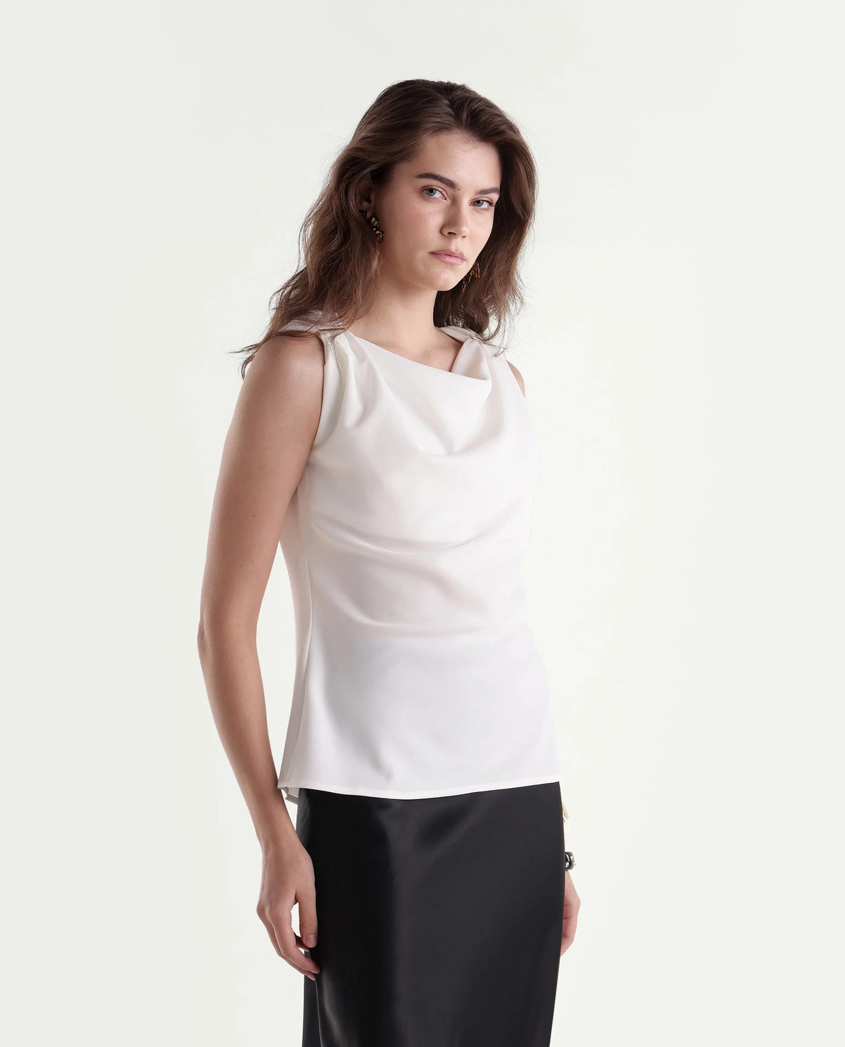 Rareism Women's Prety Off White Polyester Cowl Neck Regular Plain Top