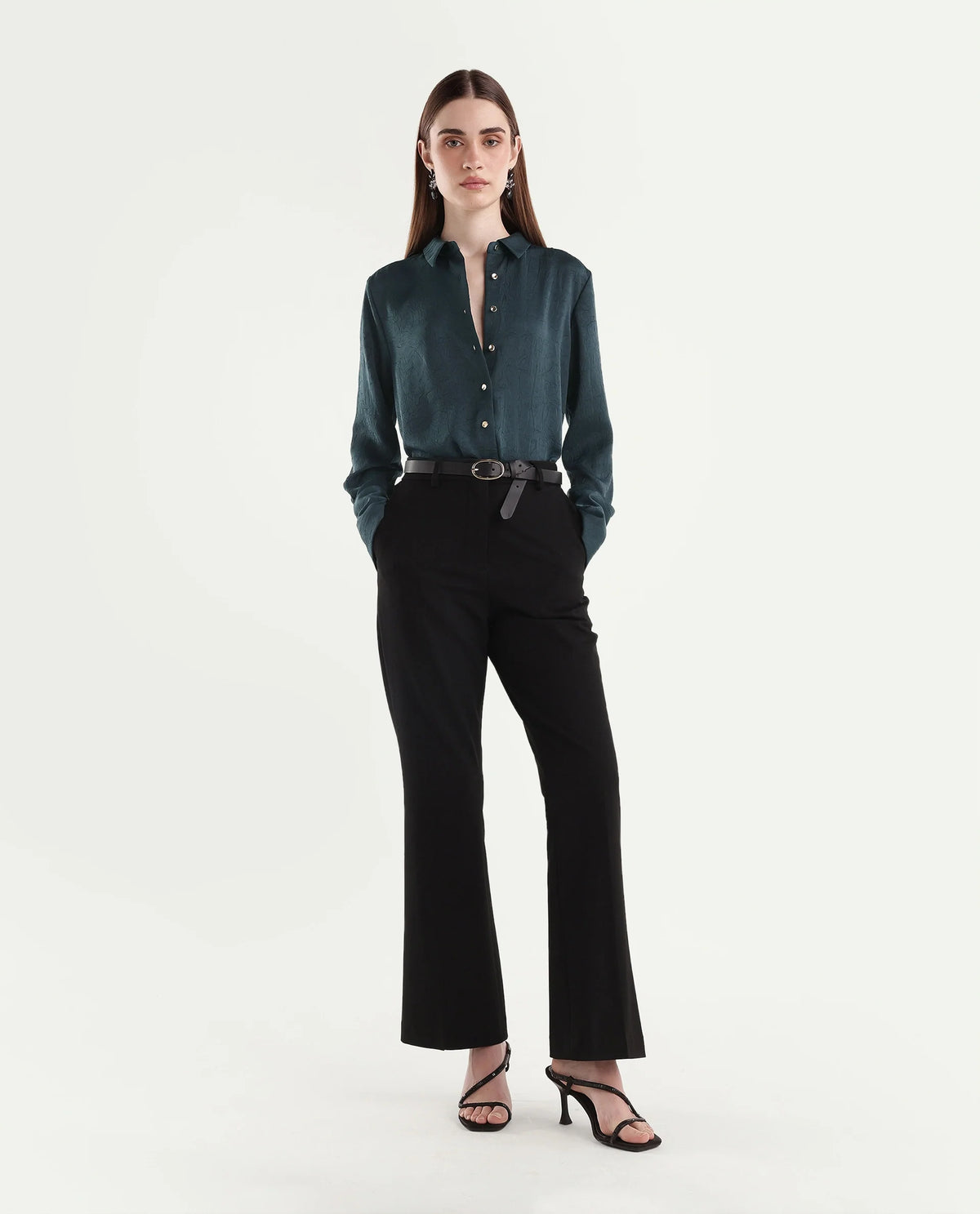 Rareism Women's Pasimo Dark Teal Polyester Spread Collar Regular Plain Shirt - image 2