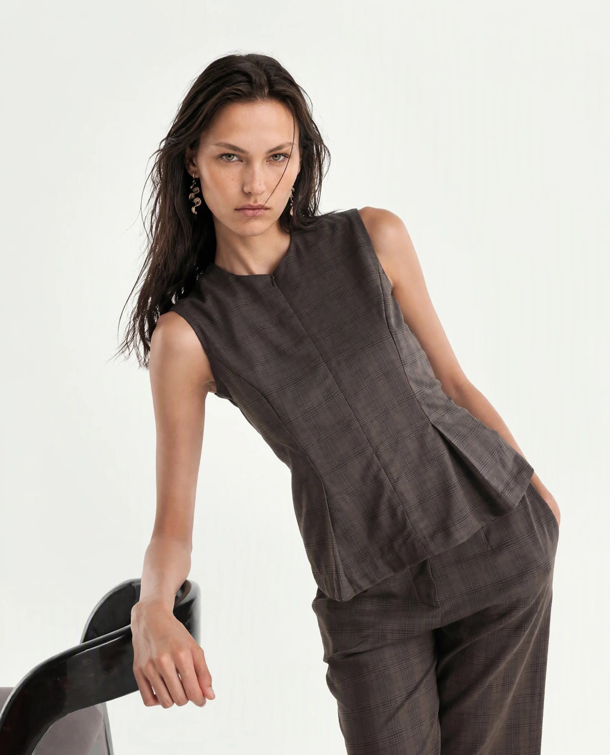 Rareism Women's Quzor-T Brown Polyester Blend Crew Neck Fit And Flare Checked Top