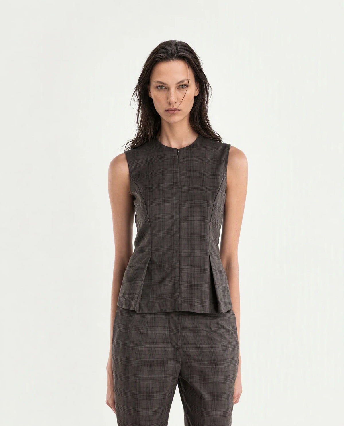 Rareism Women's Quzor-T Brown Polyester Blend Crew Neck Fit And Flare Checked Top