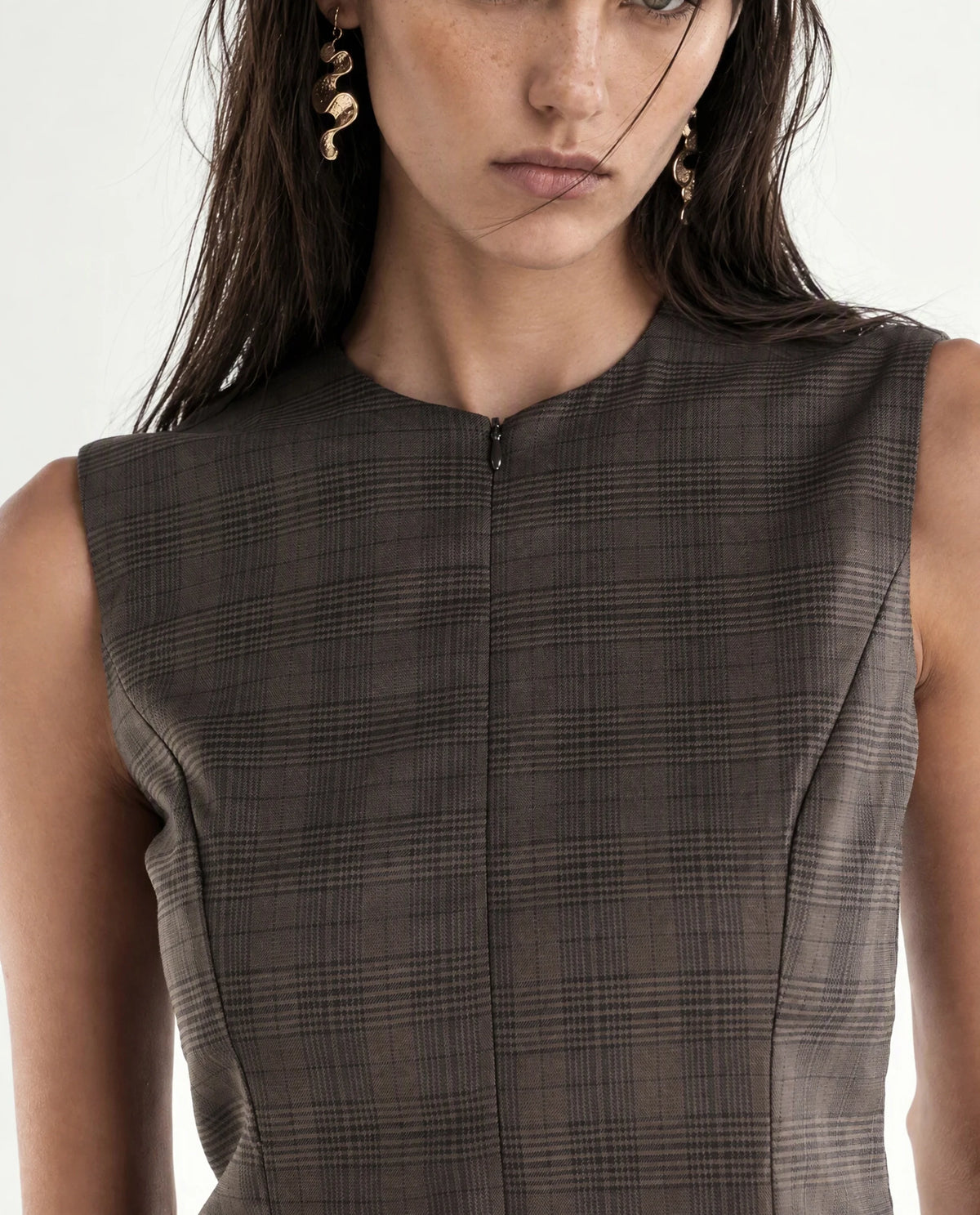 Rareism Women's Quzor-T Brown Polyester Blend Crew Neck Fit And Flare Checked Top