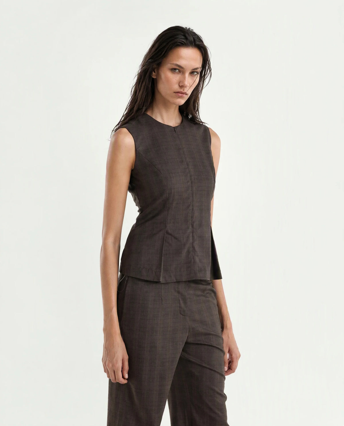 Rareism Women's Quzor-T Brown Polyester Blend Crew Neck Fit And Flare Checked Top