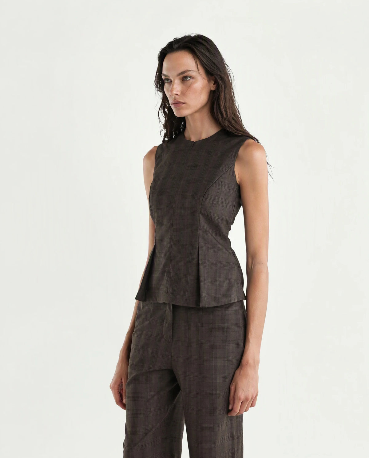 Rareism Women's Quzor-T Brown Polyester Blend Crew Neck Fit And Flare Checked Top