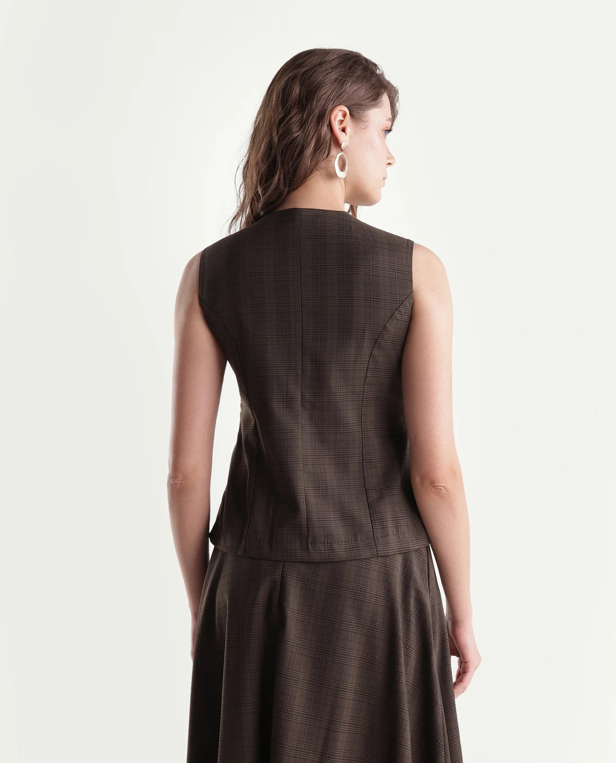 Rareism Women's Quzor-T Brown Polyester Blend Crew Neck Fit And Flare Checked Top