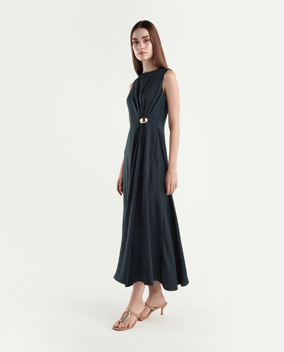 Rareism Women's Xoa Teal Polyester Round Neck Sheath Plain Dress - image 5