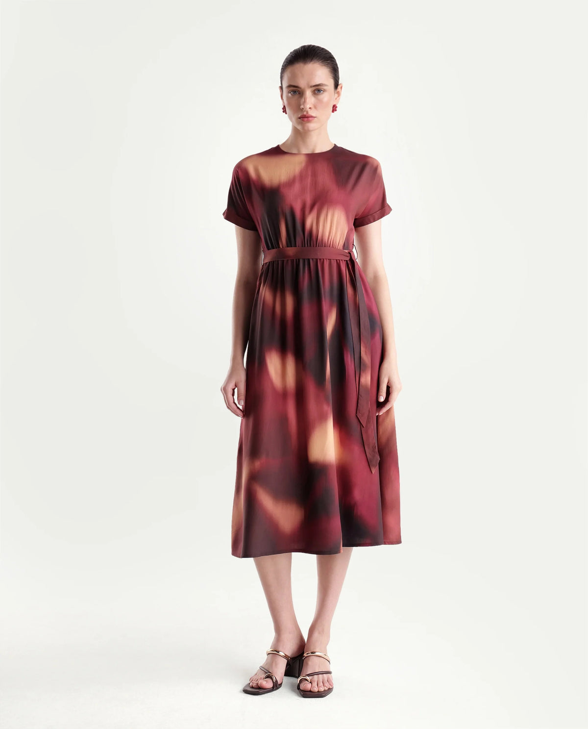 Rareism Women's Sufon Dark Brown Viscose Crew Neck Fit And Flare Abstract Print Dress