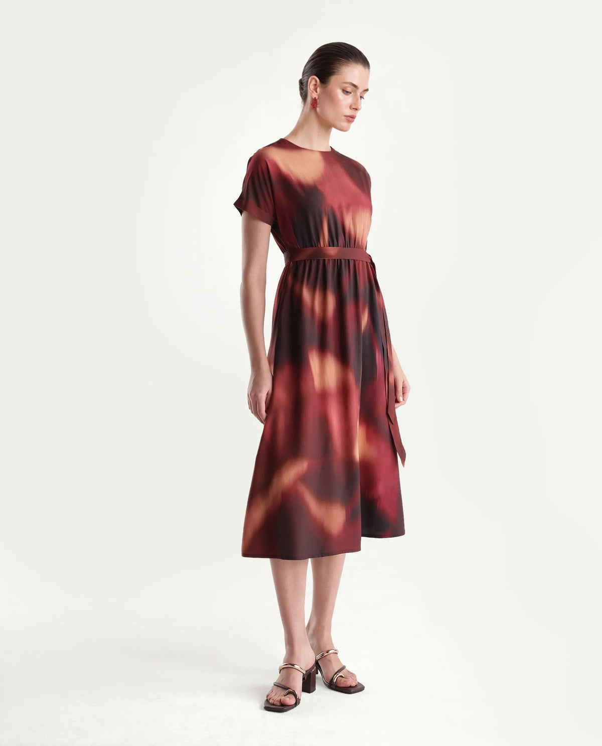 Rareism Women's Sufon Dark Brown Viscose Crew Neck Fit And Flare Abstract Print Dress