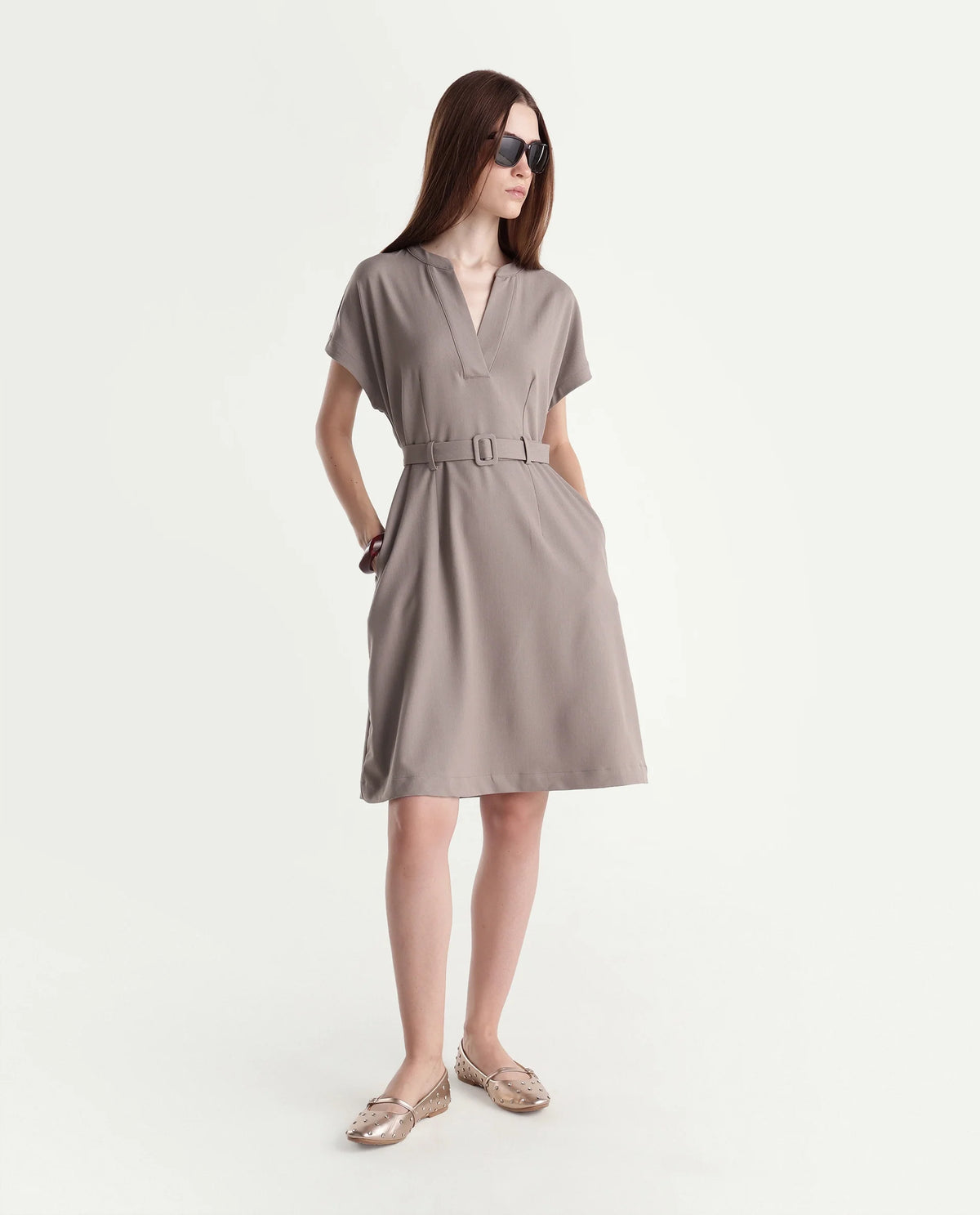 Rareism Women's Wory Fawn Polyester Blend Mandarin Collar A-Line Plain Dress - image 1