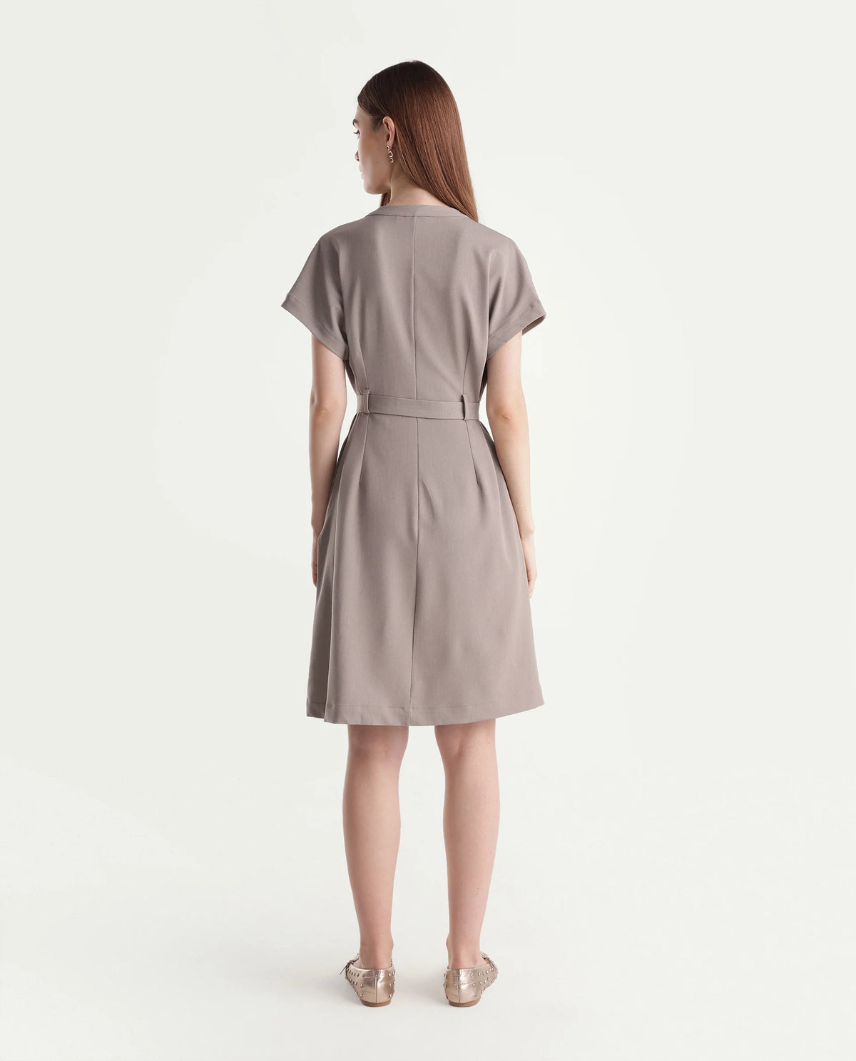 Rareism Women's Wory Fawn Polyester Blend Mandarin Collar A-Line Plain Dress - image 7