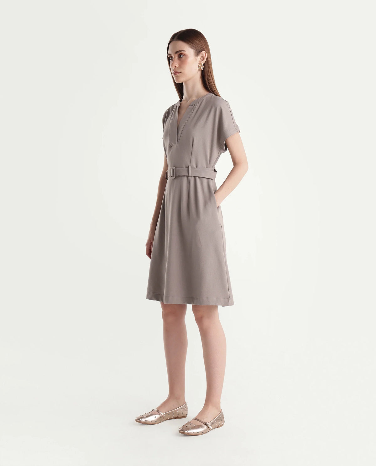 Rareism Women's Wory Fawn Polyester Blend Mandarin Collar A-Line Plain Dress - image 5