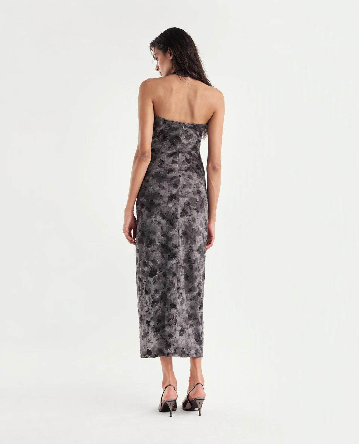 Rareism Women's Pardhan Dark Grey Polyester Blend Halter Neck Bodycon Flock Print Dress - image 7