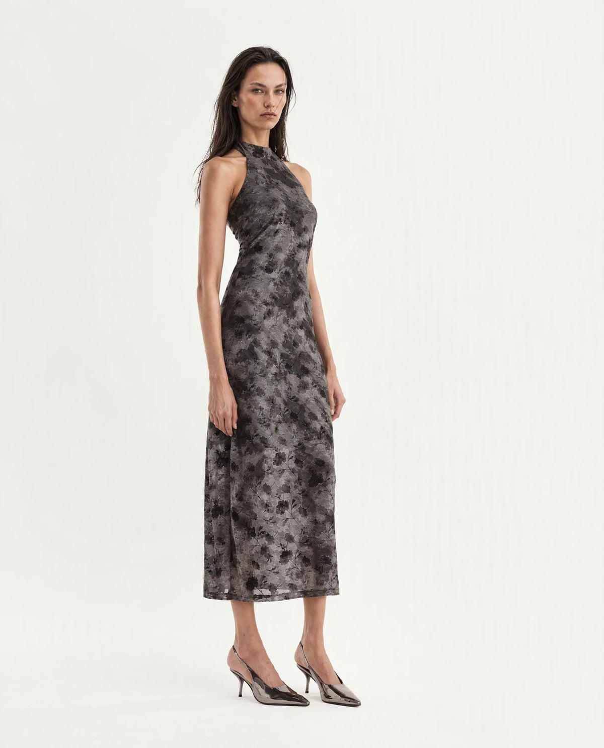 Rareism Women's Pardhan Dark Grey Polyester Blend Halter Neck Bodycon Flock Print Dress - image 4