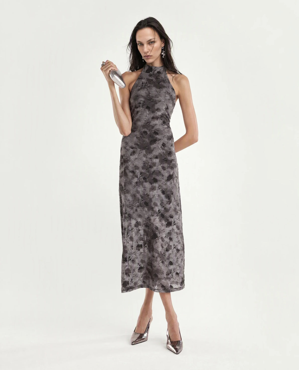 Rareism Women's Pardhan Dark Grey Polyester Blend Halter Neck Bodycon Flock Print Dress - image 5