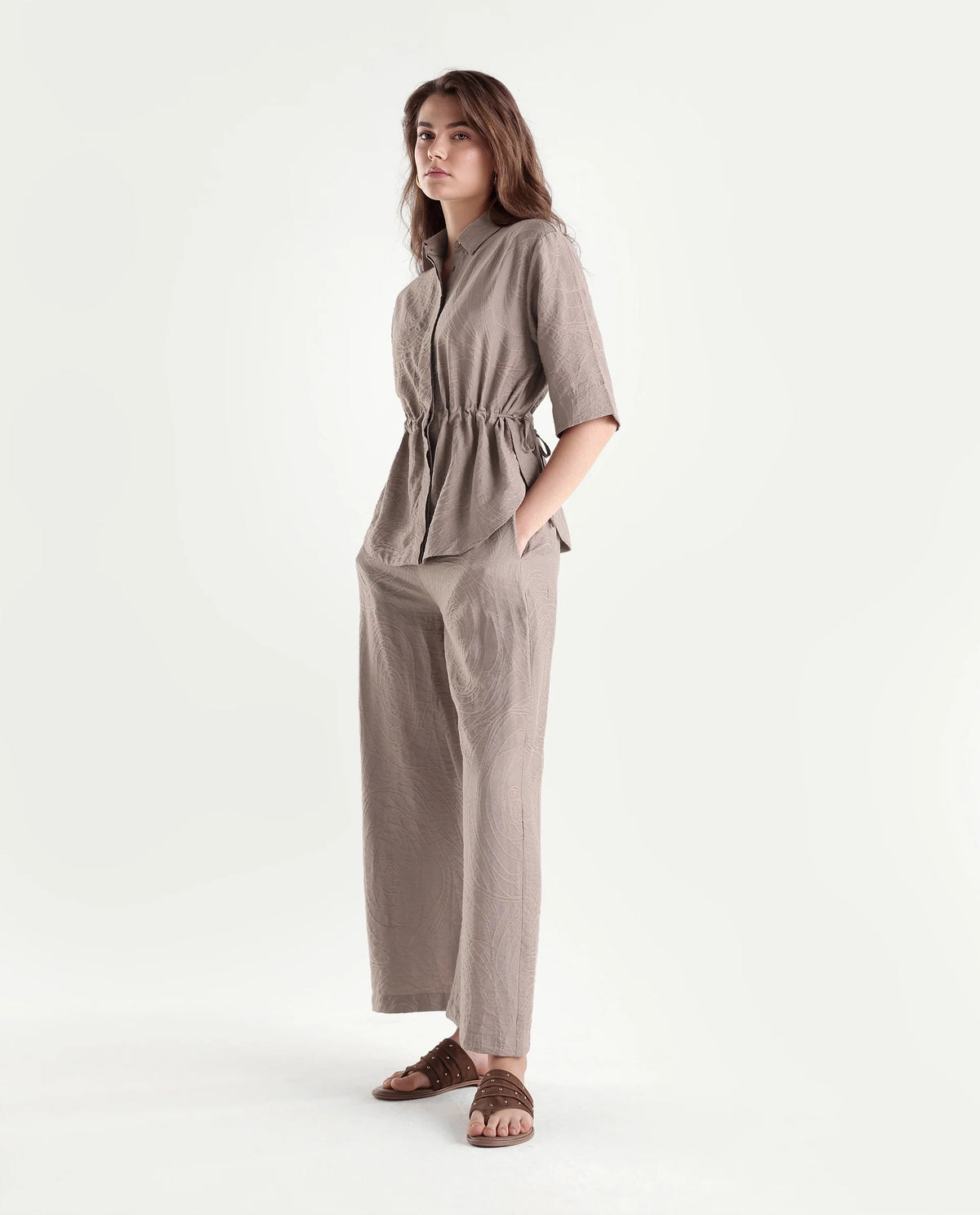 Rareism Women's Dim-B Dusky Beige Viscose Blend Barrel Jacquard Trouser
