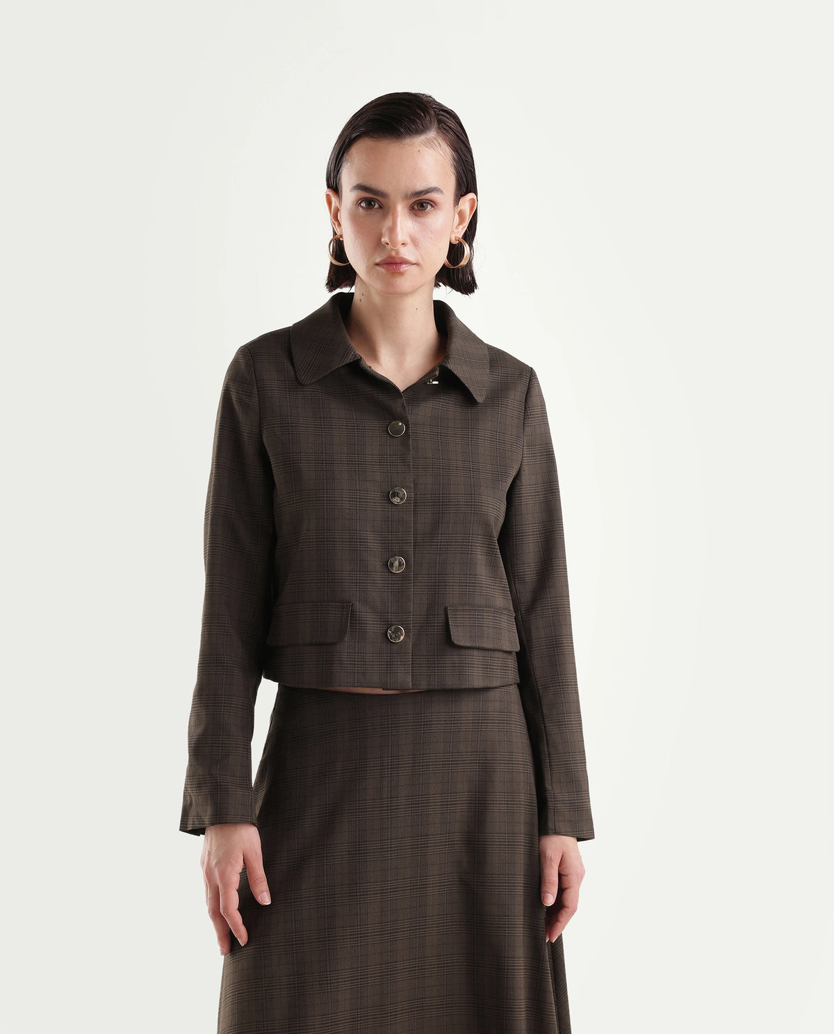 Rareism Women's Quno-T Brown Polyester Blend Spread Collar Button Regular Plain Jacket