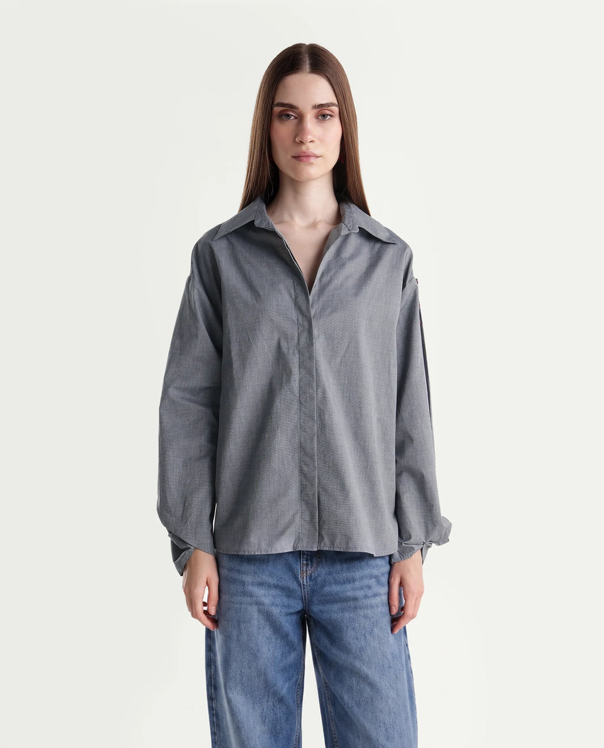Rareism Women's Guldono Grey Cotton Blend Spread Collar Relaxed Striped Shirt - image 6