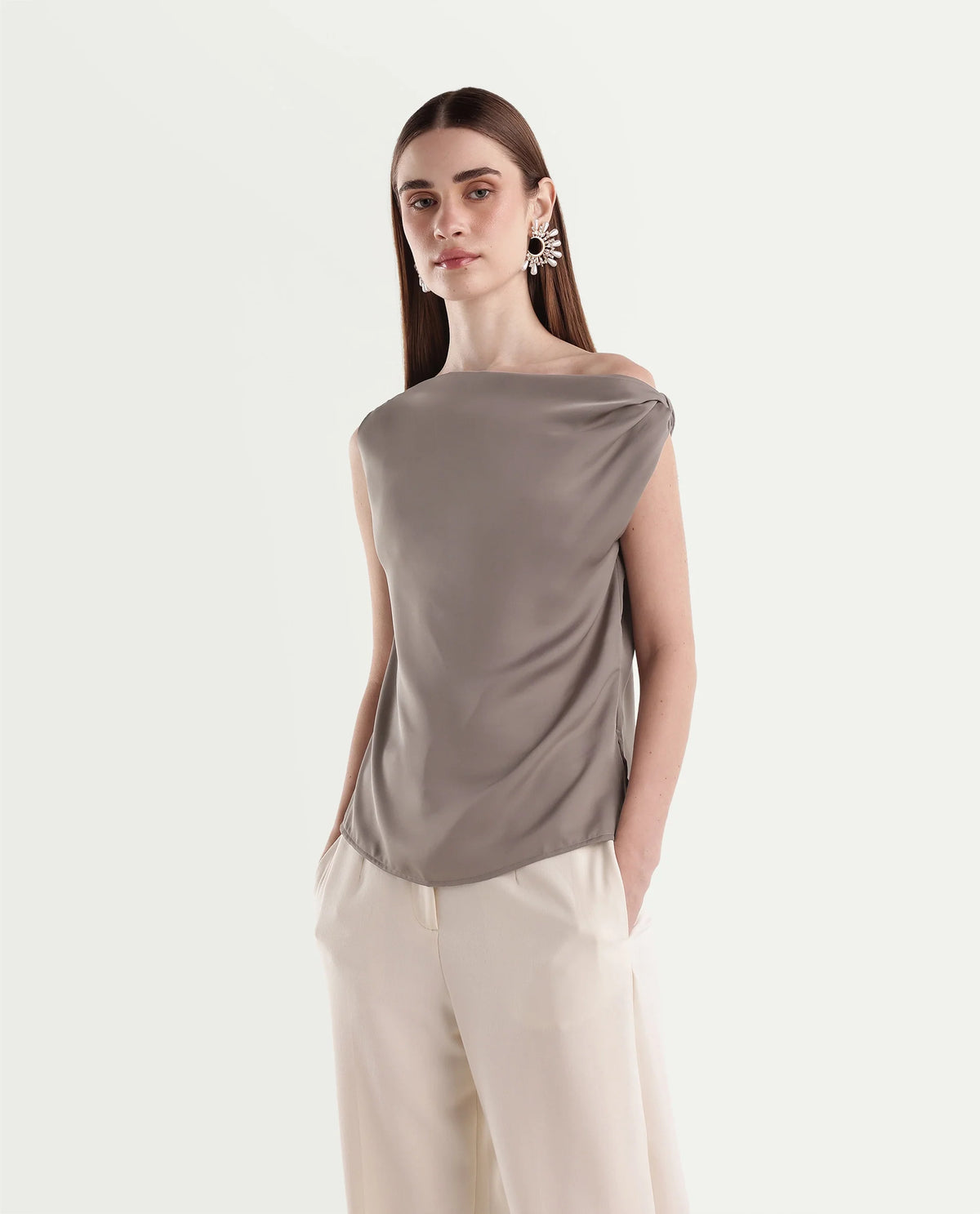 Rareism Women's Onres Dusky Beige Polyester Boat Neck Regular Plain Top - image 4