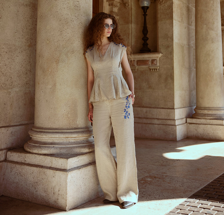 Rareism Women's Rubin-B Dusky Beige 100% Linen Button And Zip Wide Leg Plain Trouser
