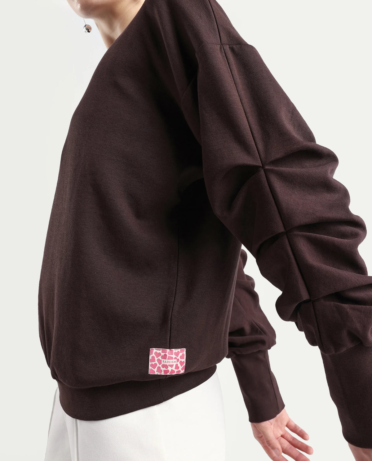 Rareism Women's Ruch Brown Cotton Blend Crew Neck Plain Hip Length Relaxed Fit Sweatshirt