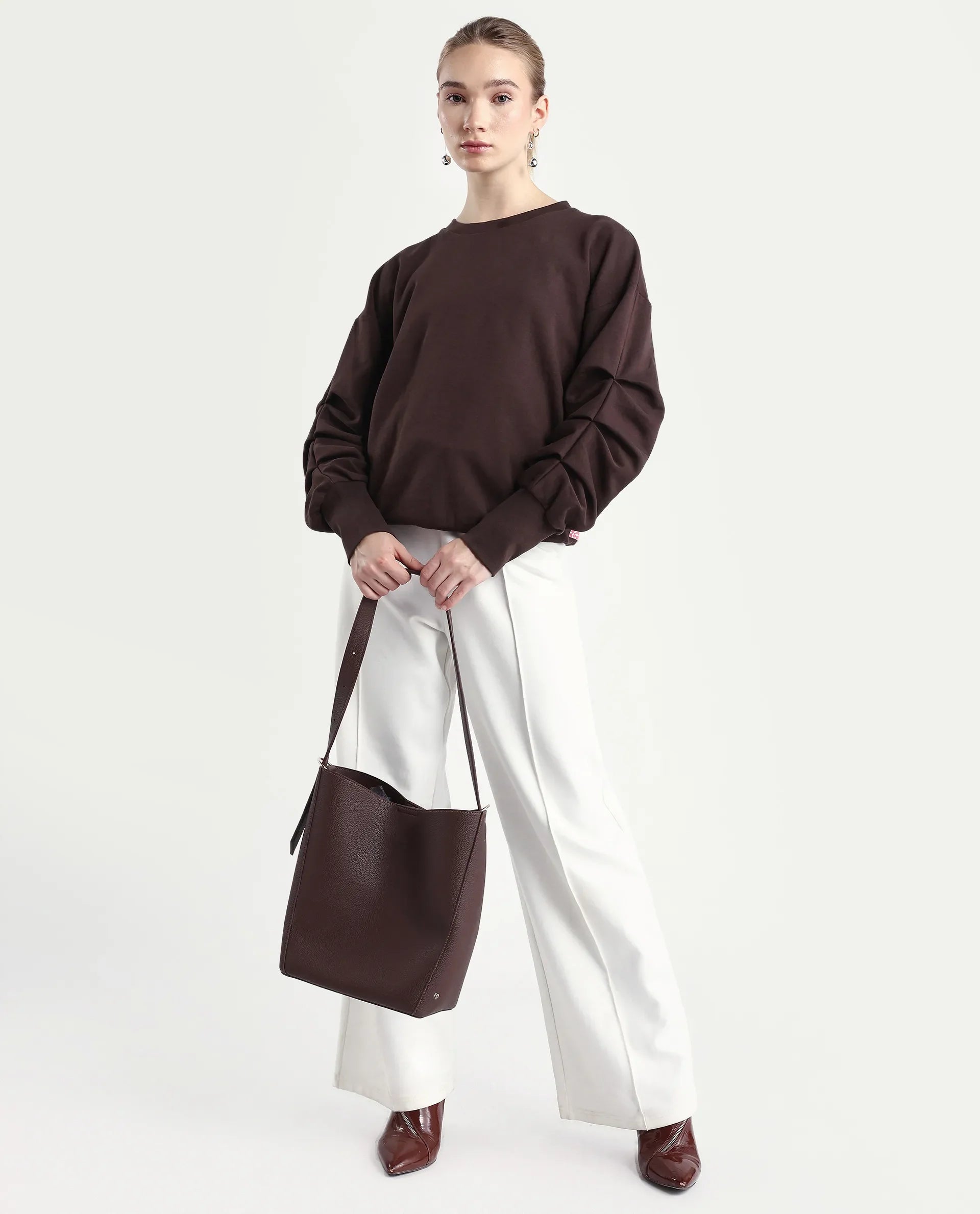 Rareism Women's Ruch Brown Cotton Blend Crew Neck Plain Hip Length Relaxed Fit Sweatshirt