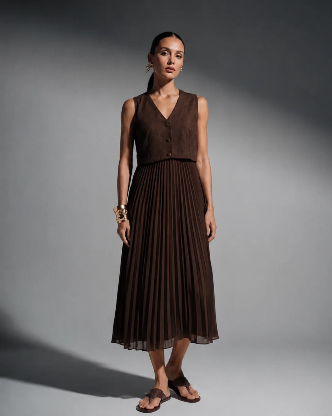 Rareism Women's Rudro Brown Self Design Cotton Blend Flared Sleeveless Dress