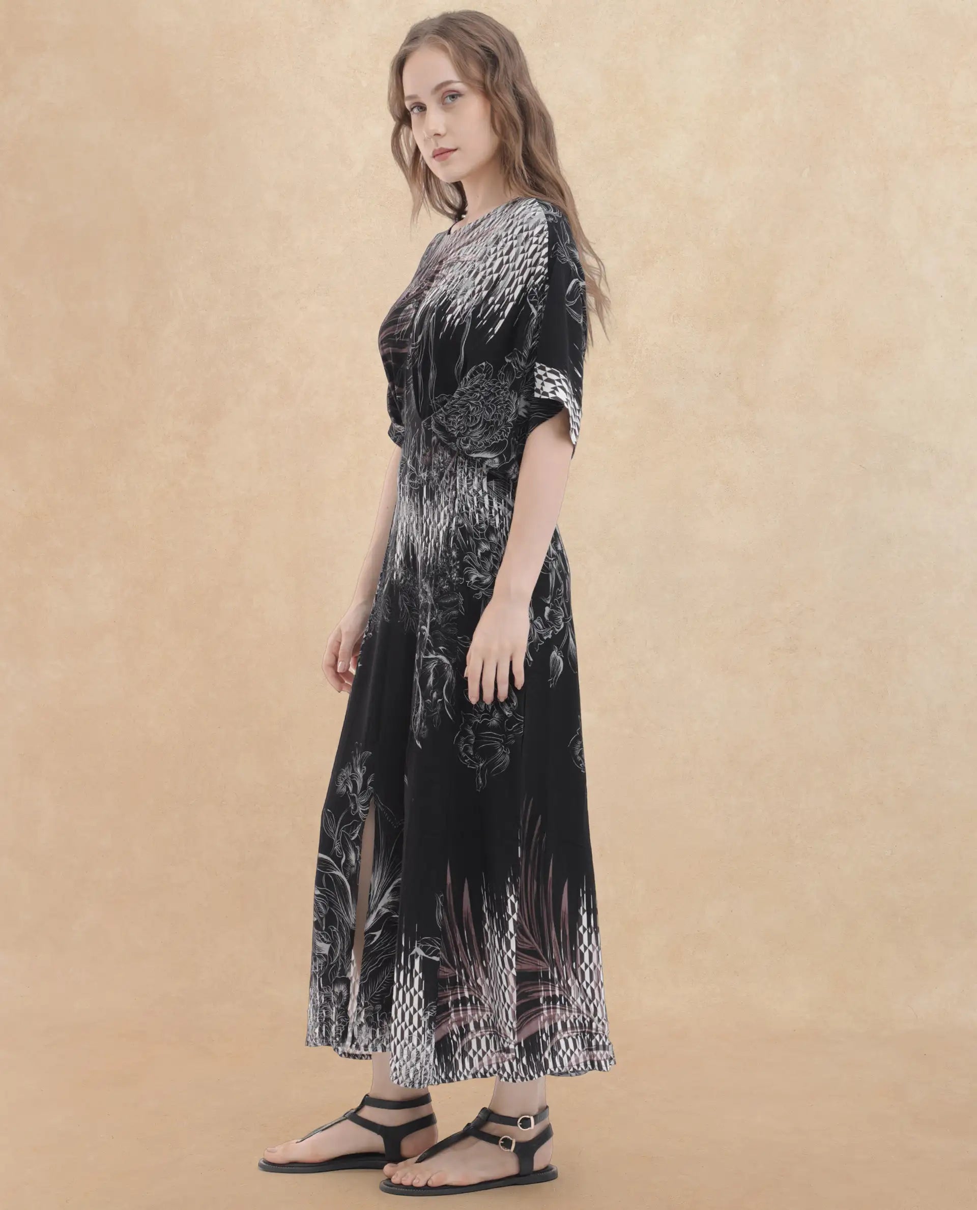 Rareism Women's Rufus Black Viscose Crew Neck Abstract Print Extended Sleeves Maxi Fit And Flare Dress